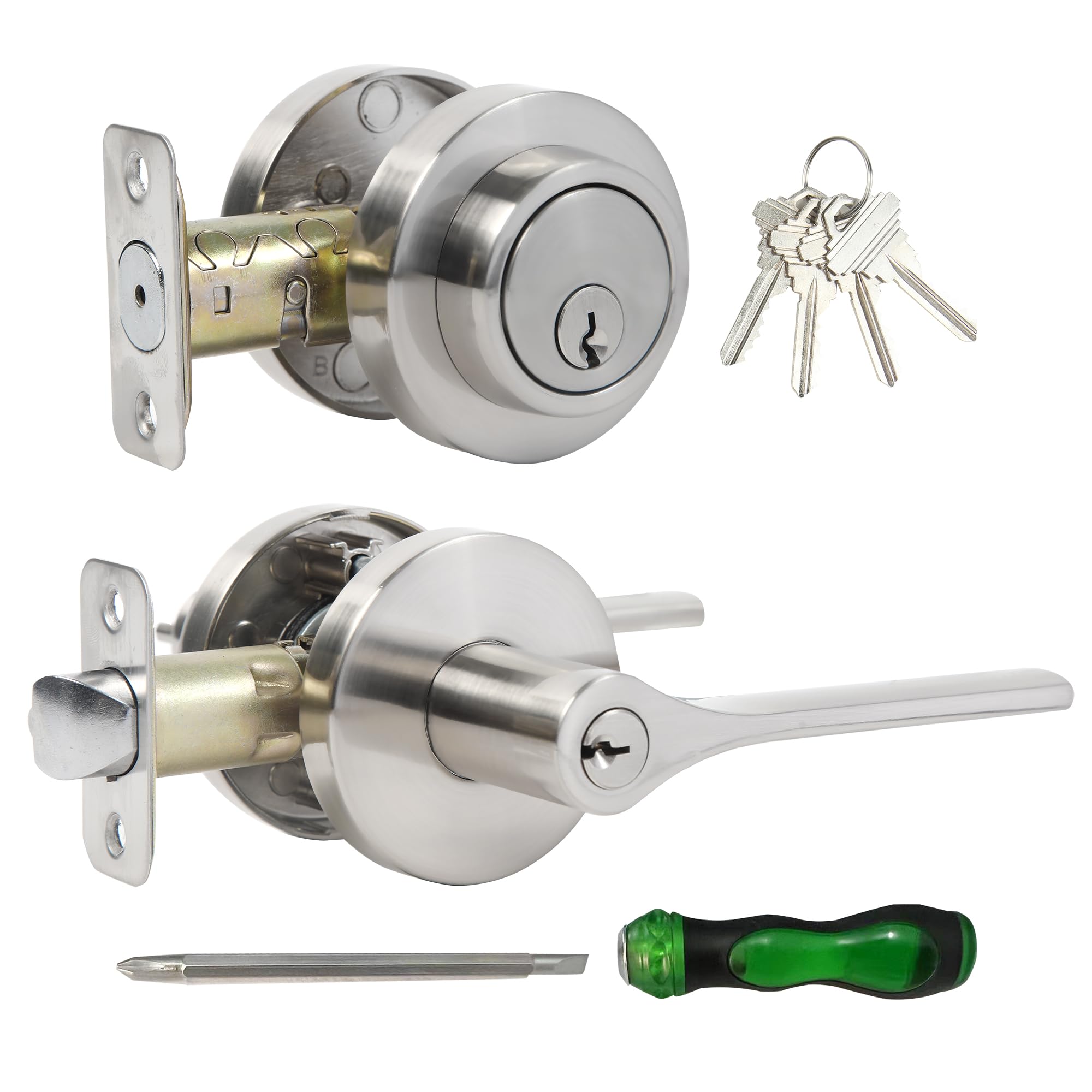 Zevaway Keyed Alike Front Door Handle And Deadbolt Set, Round Heavy Duty Door Handle With Deadbolt Lock, Silver, 1 Pack