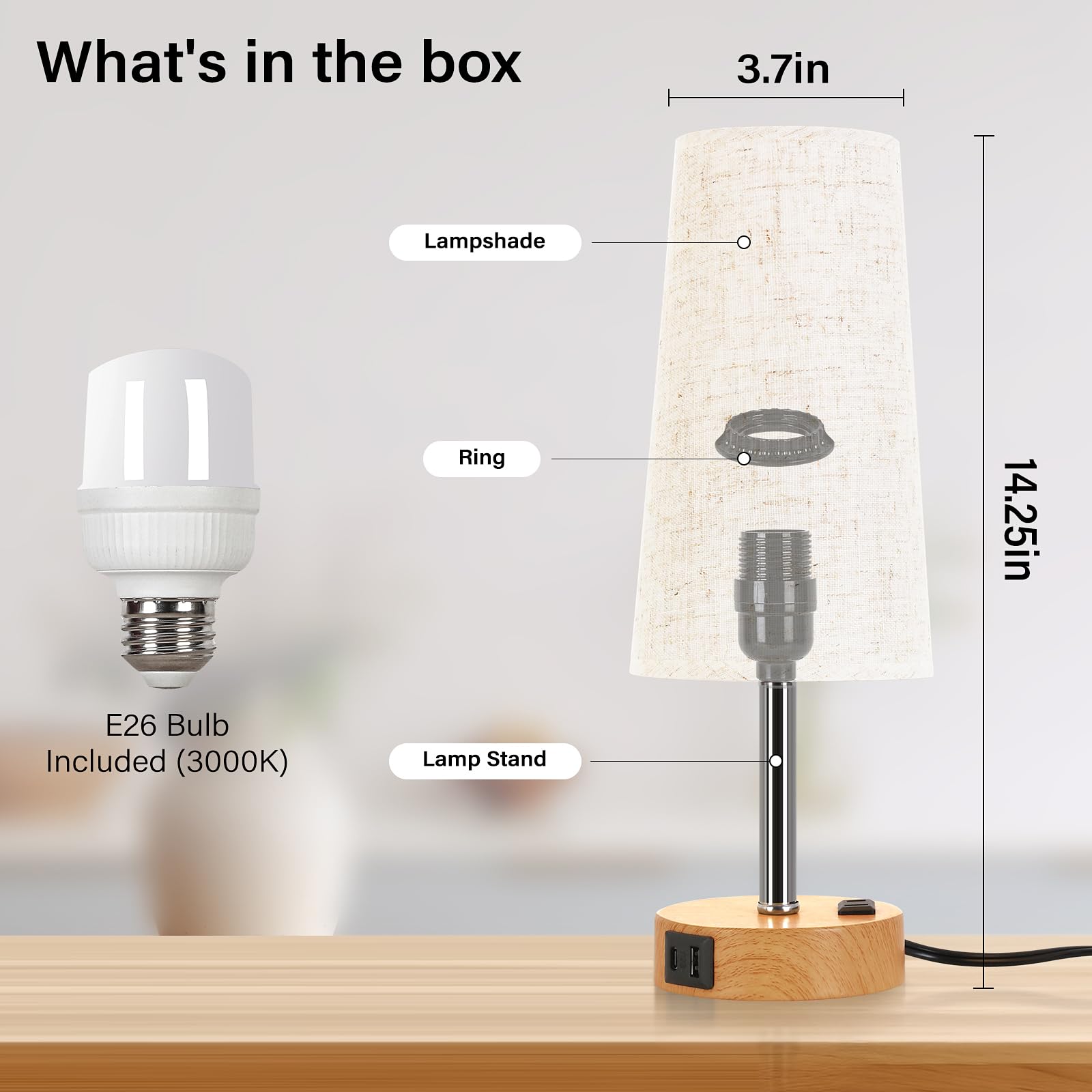 Eleutersun Touch Control Bedside Table Lamp For Bedroom, 3 Way Dimmable With Usb C Charging Ports And Ac Outlet, Small Nightstand Lamp For Living Room Office Dorm Home Office (Led Bulb Included)