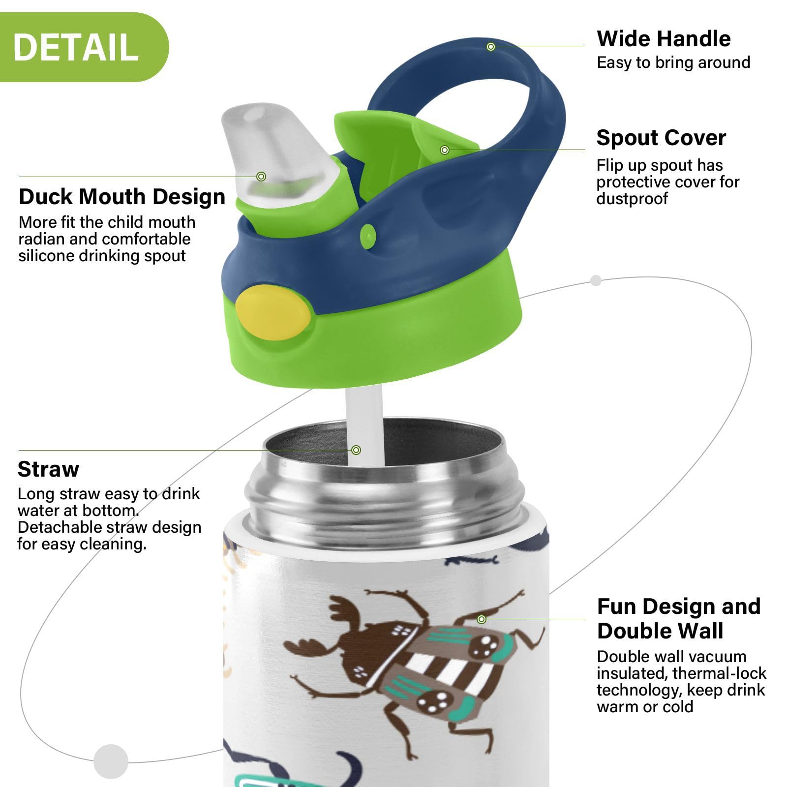 Kids Water Bottle Bright Bugs Insulated Water Bottle With Straw 12Oz Stainless Steel Double Walled