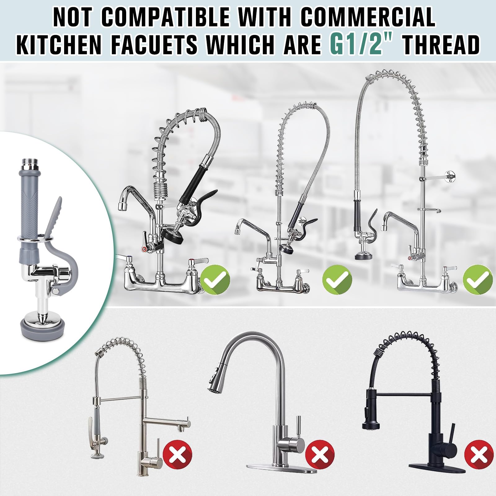 Bzimak Commercial Sink Sprayer,Commercial Sink Sprayer Head With Anti Slip Handle,1.42Gpm High Pressure Pre Rinse Sprayer, Leakproof Sink Sprayer Replacement For Commercial Kitchen Faucets, Grey