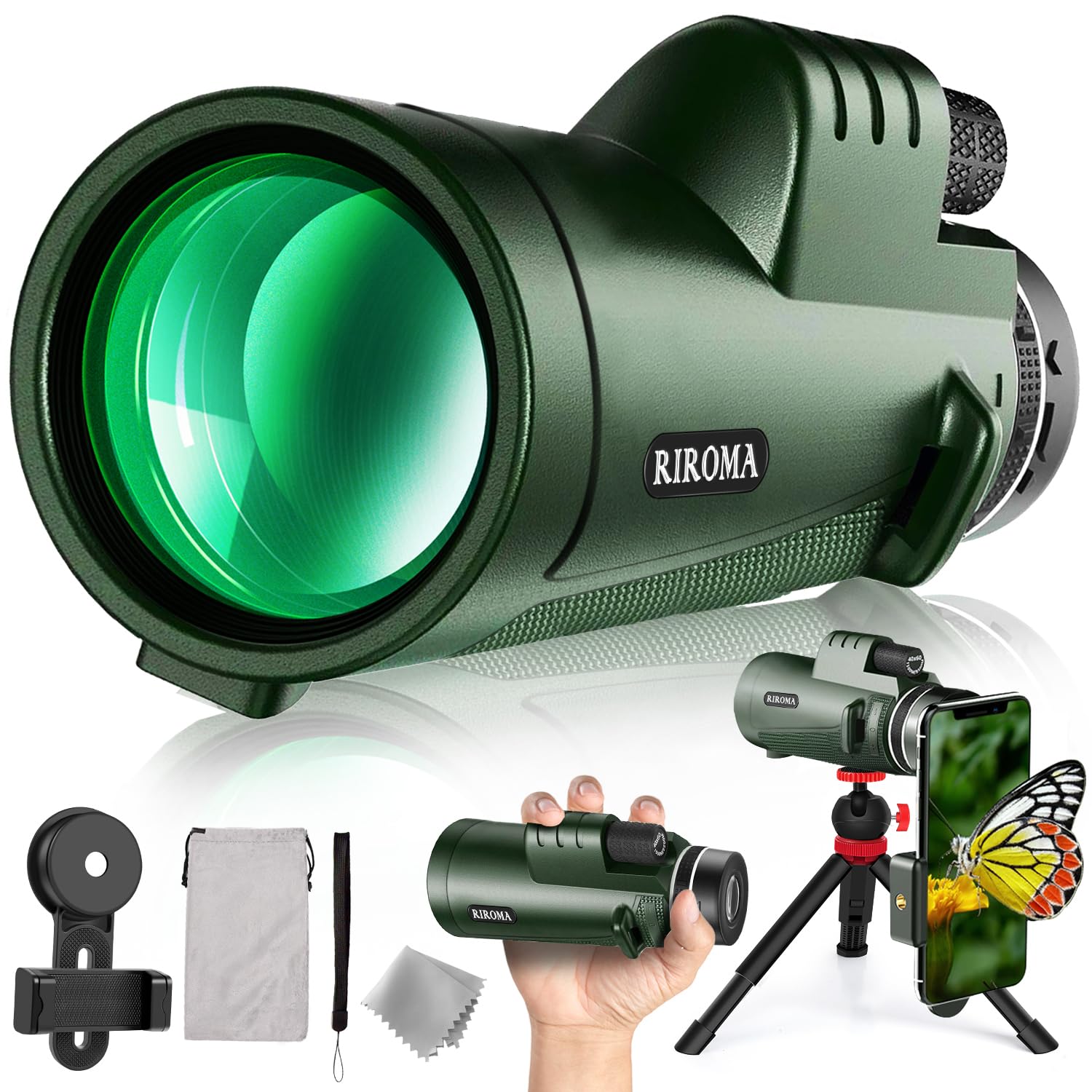 Riroma Monocular - Telescope 40X60 Hd Monocular With Smartphone Adapter Tripod & Portable Bag, Monoculars For Adults High Power With Bak4 Prism & Fmc Lens, Suitable For Bird Watching Hunting Hiking Camping