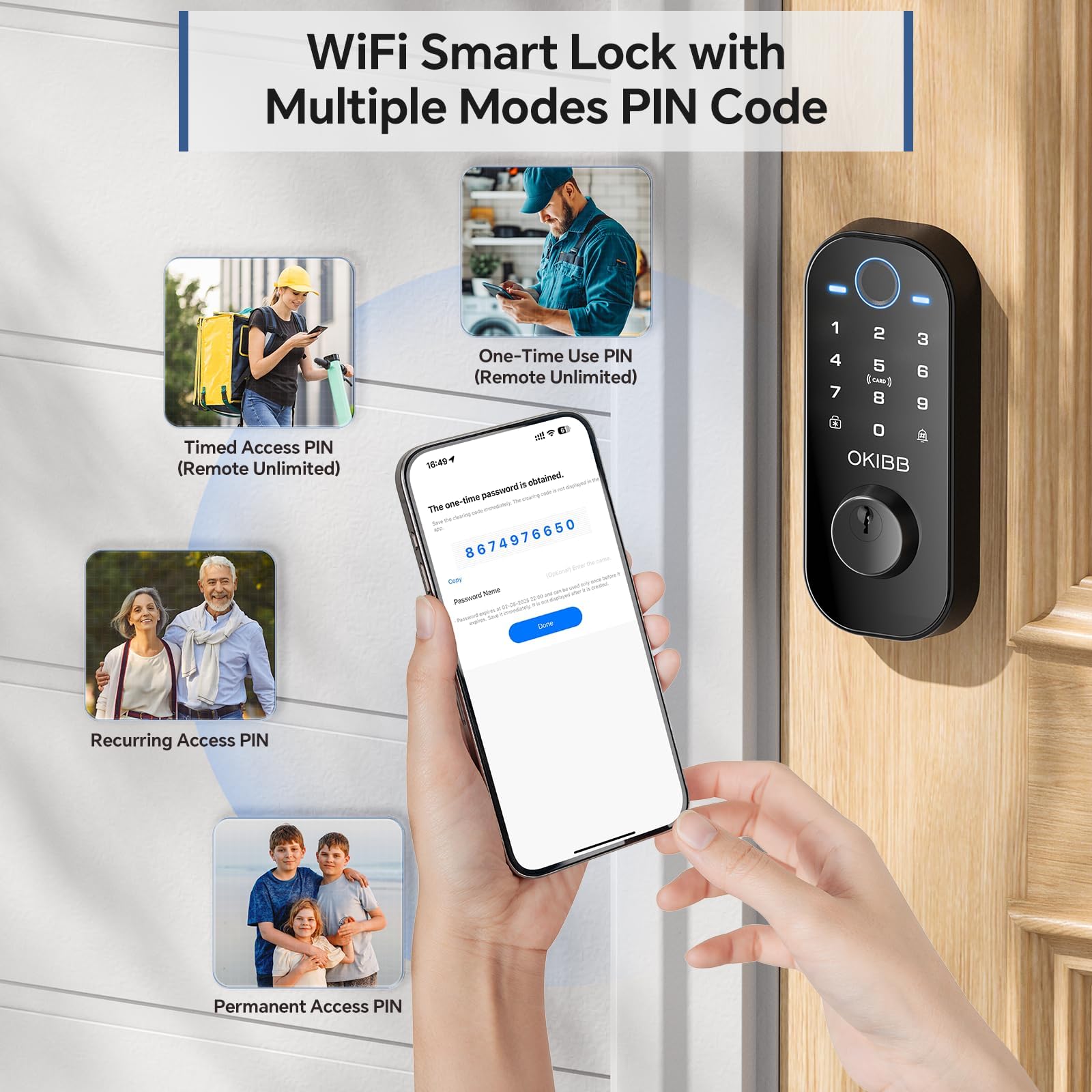 Okibb Keyles Entry Door Lock With Built-In Wi-Fi App Remote Control, Fingerprint Door Lock With Doorbell, Smart Locks For Front Door, Auto Locking, Black