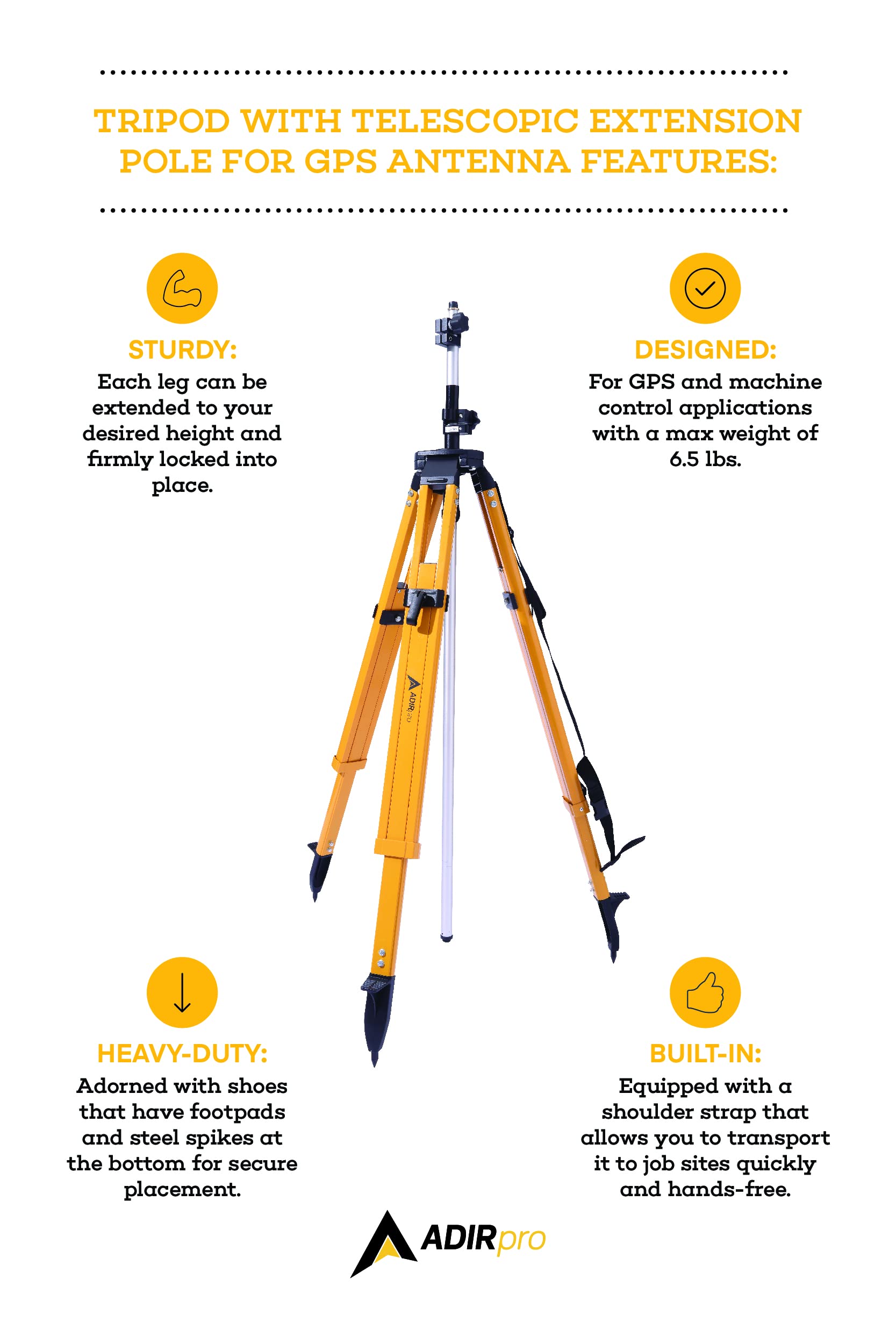 Adirpro Aluminum Surveying Tripod With Telescopic Extensions Pole For Gps Antenna Or Machine Control Applications - Telescoping Legs Extends Up To 13 Feet - Yellow