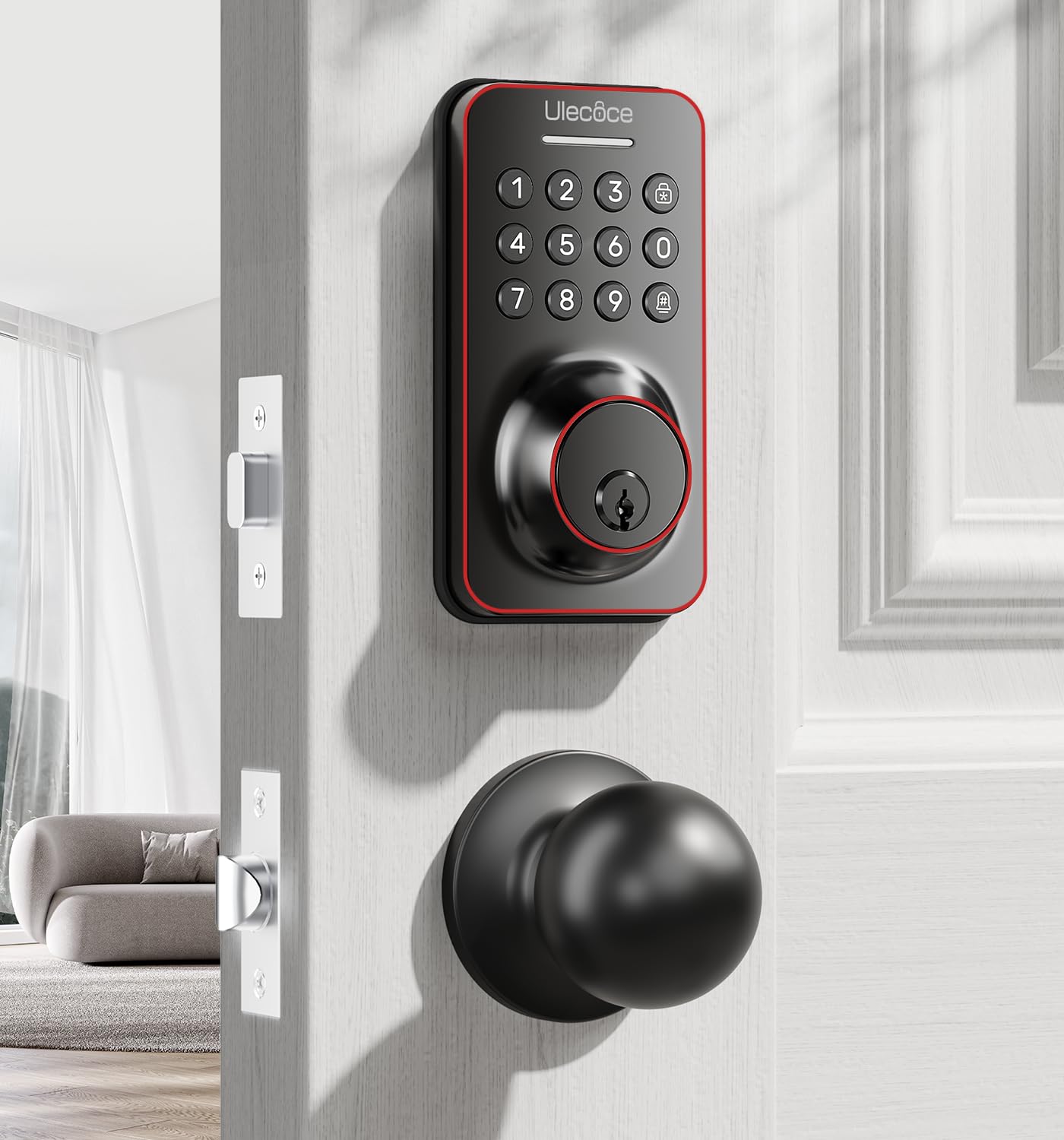 Ulecoce Keyless Entry Door Lock Deadbolt With Handle Set, Door Locks For Front Door, Keypad Door Lock With Handle, Smart Door Knob, Auto Locking, Installation Guide, Black