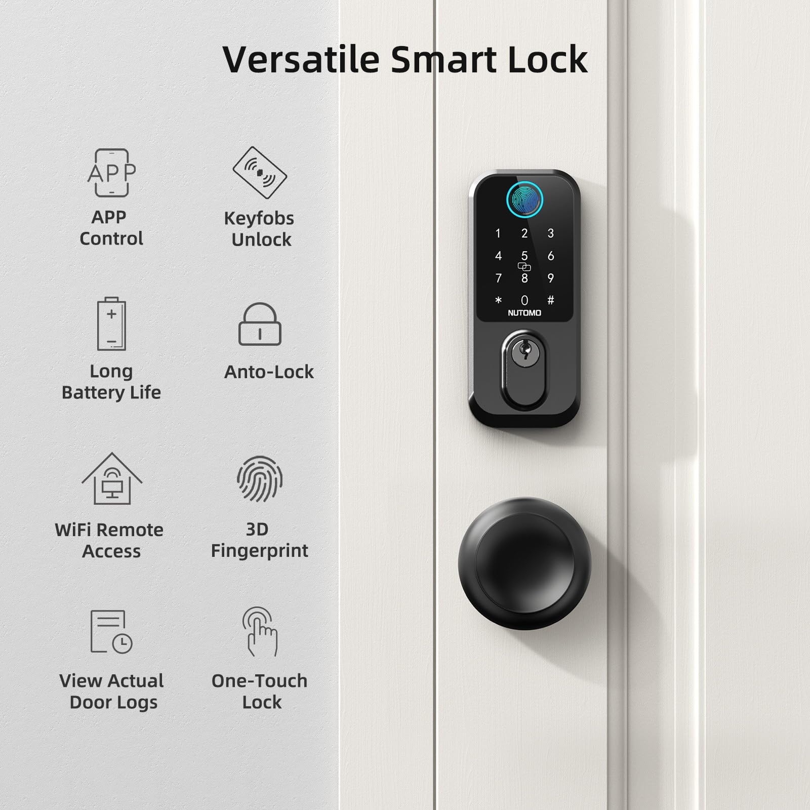 Nutomo Keyless Entry Door Lock With Knob: Front Door Lock Set Fingerprint Deadbolt Alexa Digital Keypad Door Locks App Remote Control Auto Lock Black