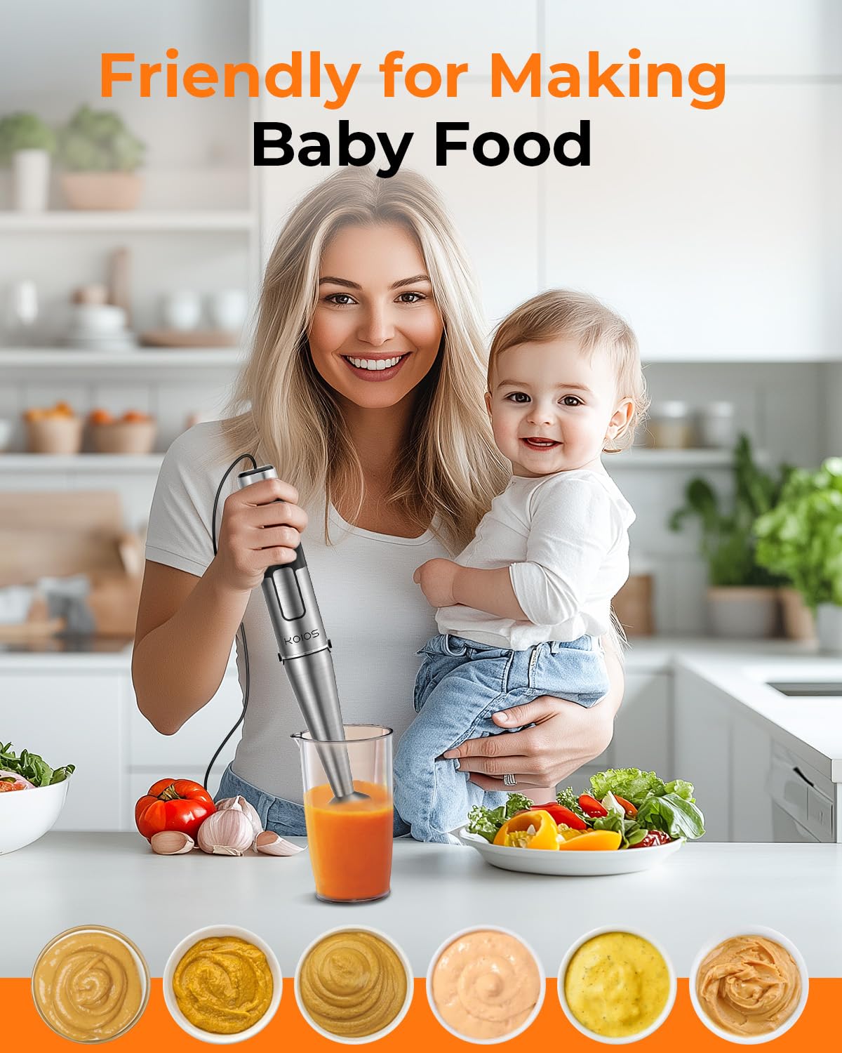Koios Immersion Blender Handheld Trigger Variable Speed 5-In-1 Immersion Hand Blender 1100W, Anti-Scratch Stainless Steel Shaft, Chopper & Milk Frother, Non-Bpa For Soup, Baby Food And Smoothies