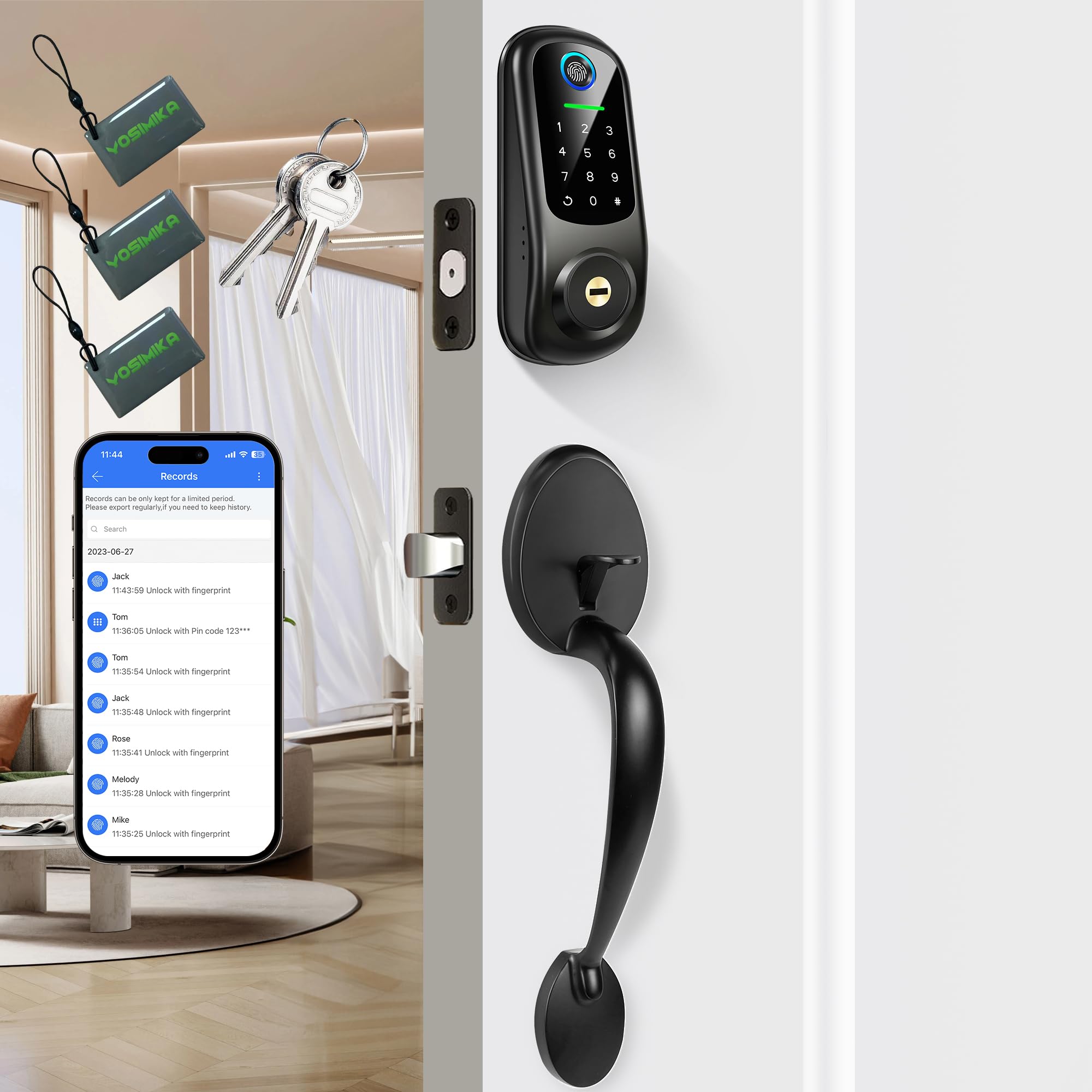 Yosimika Keyless Entry Door Lock With Handle, Fingerprint Deadbolt Door Lock, Smart Door Locks For Front Door, Bluetooth Electronic Digital Keypad Lock, Easy To Install, Black