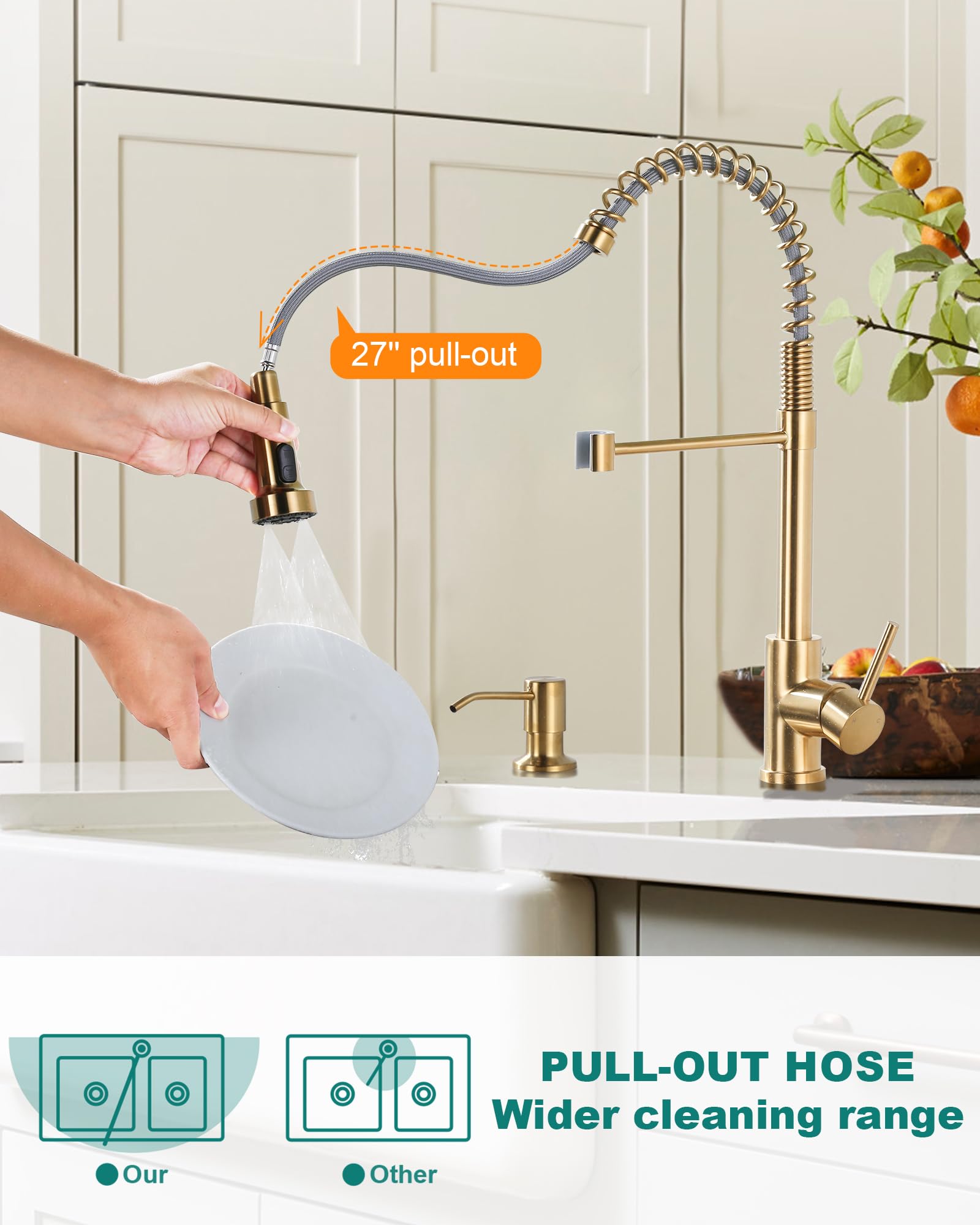 Arcora Kitchen Sink Faucet With Soap Dispenser: Brushed Gold Kitchen Faucets With Pull Down Sprayer - Stainless Steel Single Handle Kitchen Faucet With Deck Plate For Farmhouse Rv Laundry
