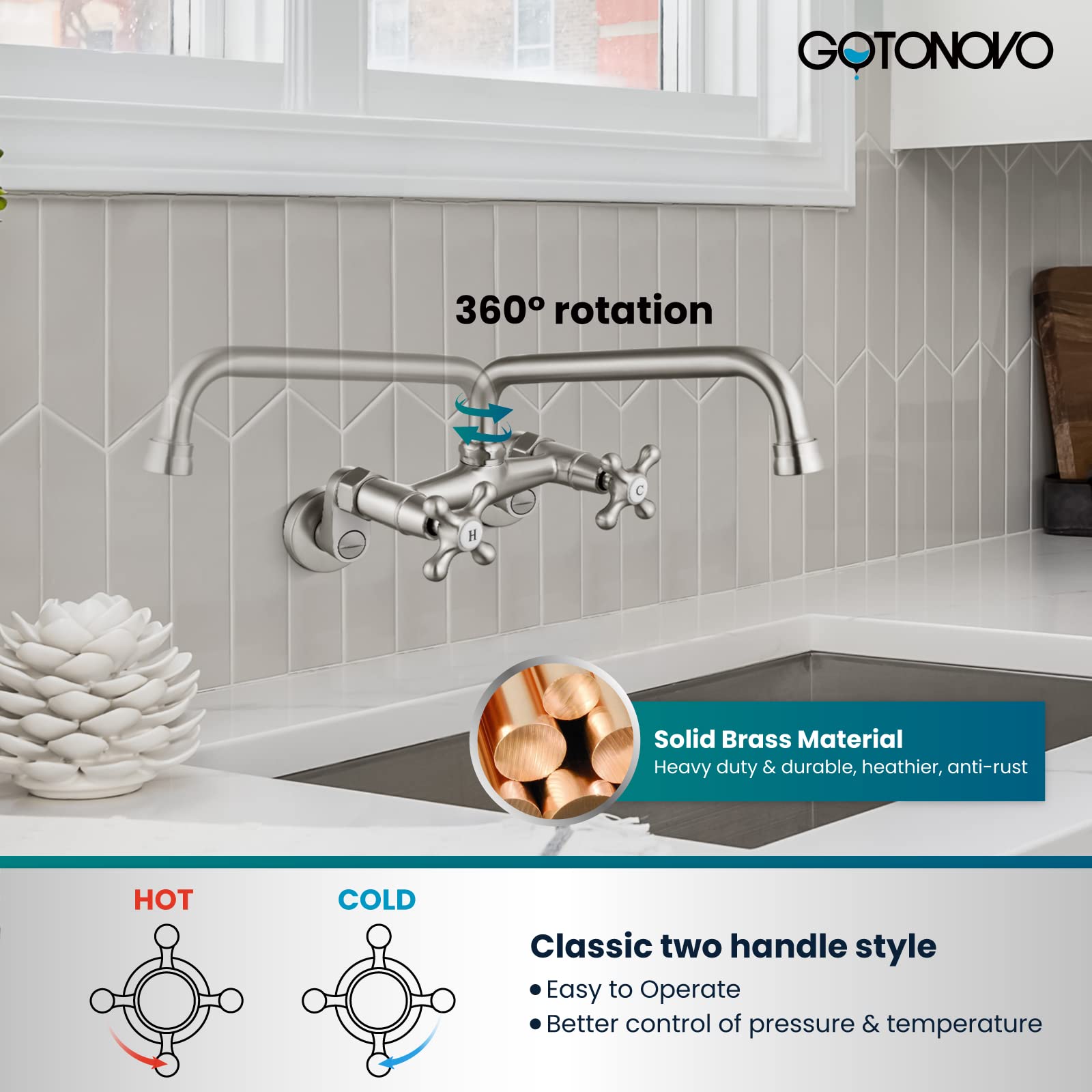 Gotonovo Wall Mount Kitchen Faucet Brushed Nickel Double Cross Handle Commercial 3 Inch To 9 Inch Adjustable Spread Mixer Tap With 9 Inch Spout Reach