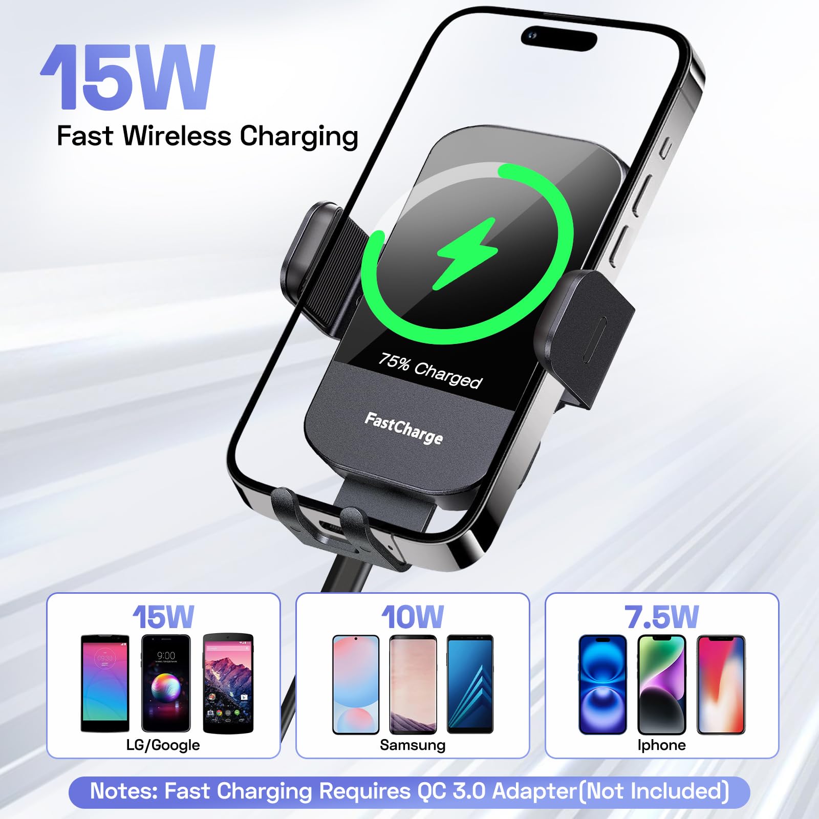 Trixcoin 3-In-1 Wireless Car Charger Cup Holder Phone Mount, 15W Fast Charging, Auto Clamping, Compatible With Iphone & All Smartphones
