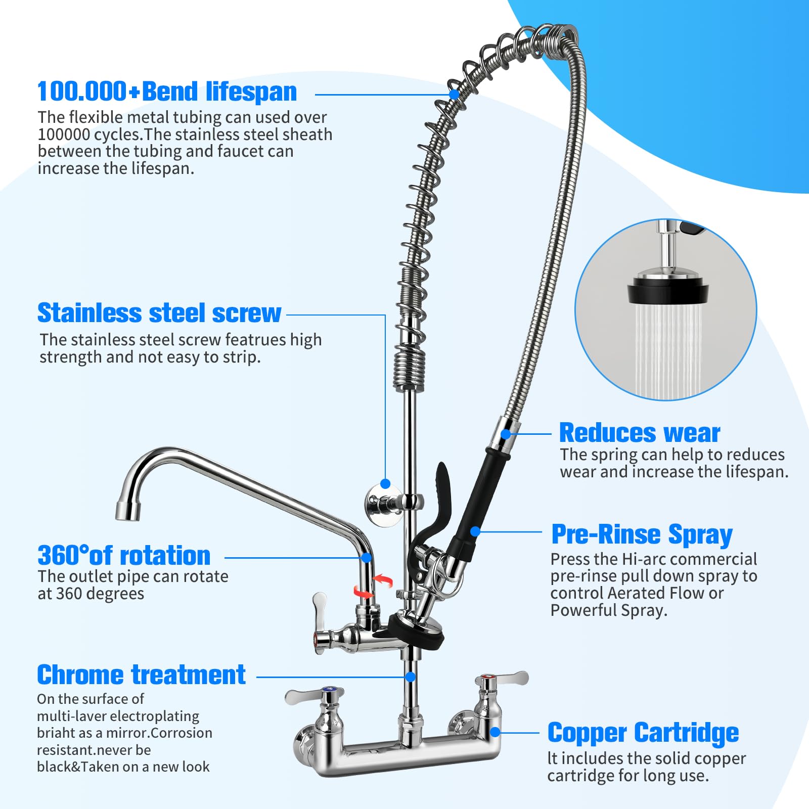 Aplwy Commercial Sink Faucet With Sprayer 36" Height 8" Adjustable Center, Commercial Wall Mount Kitchen Sink Faucet With Pre-Rinse Sprayer And 12" Swing Spout For Restaurant Industrial