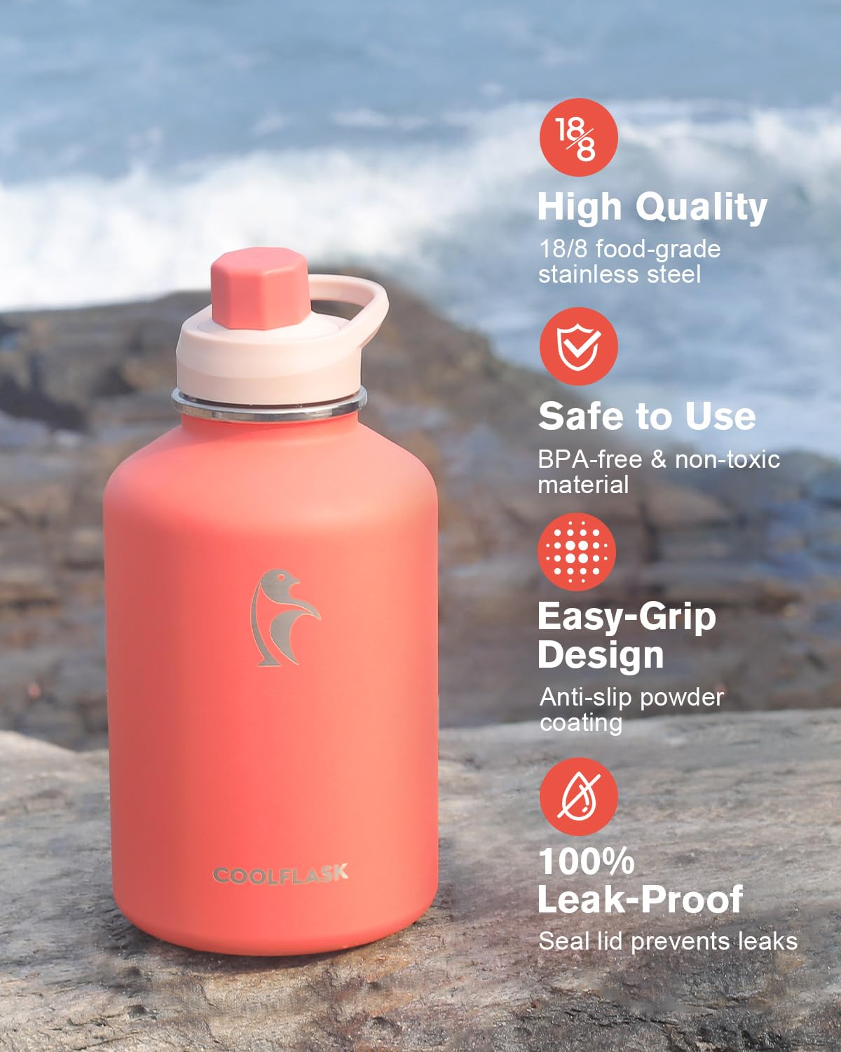 Coolflask 64 Oz Water Bottle Insulated With Pu Leather Sleeve, Half Gallon Water Bottle Color