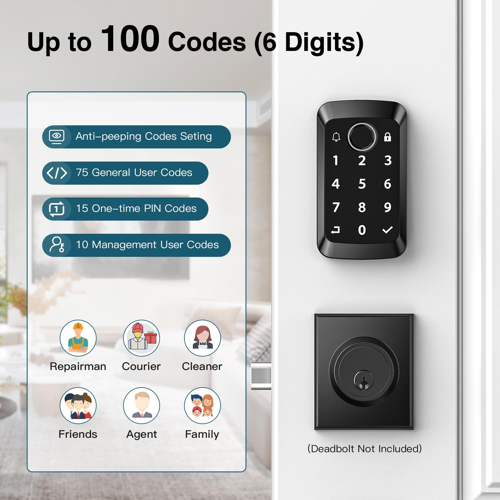 Calzibeno Keyless Entry Door Lock With Doorbell, Fingerprint Smart Locks For Front Door, Electronic Keypad Deadbolt With Built-In Wi-Fi App Control, Auto Lock-Control, 915Mhz Connection, Matte Black