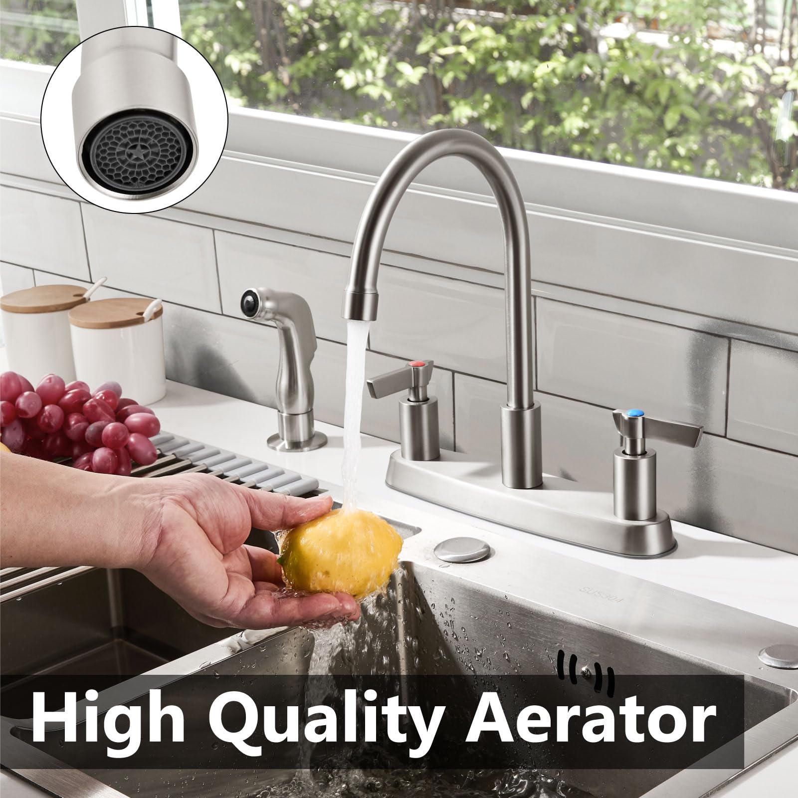 Gbbne Kitchen Faucet With Sprayer 2 Handle Kitchen Sink Faucets 8 Inch Centerset 3 Hole With Supply Lines Brushed Nickel