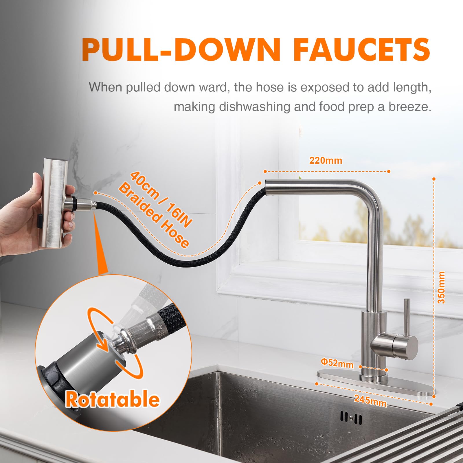 Ibergrif Waterfall Kitchen Faucet With Pull Down Sprayer, Kitchen Sink Faucet 3 Water Outlet Modes, Single Handle, Brushed Nickel, 360° Swivel, Stainless Steel Kitchen Faucets For Rv, Bar, Farmhouse