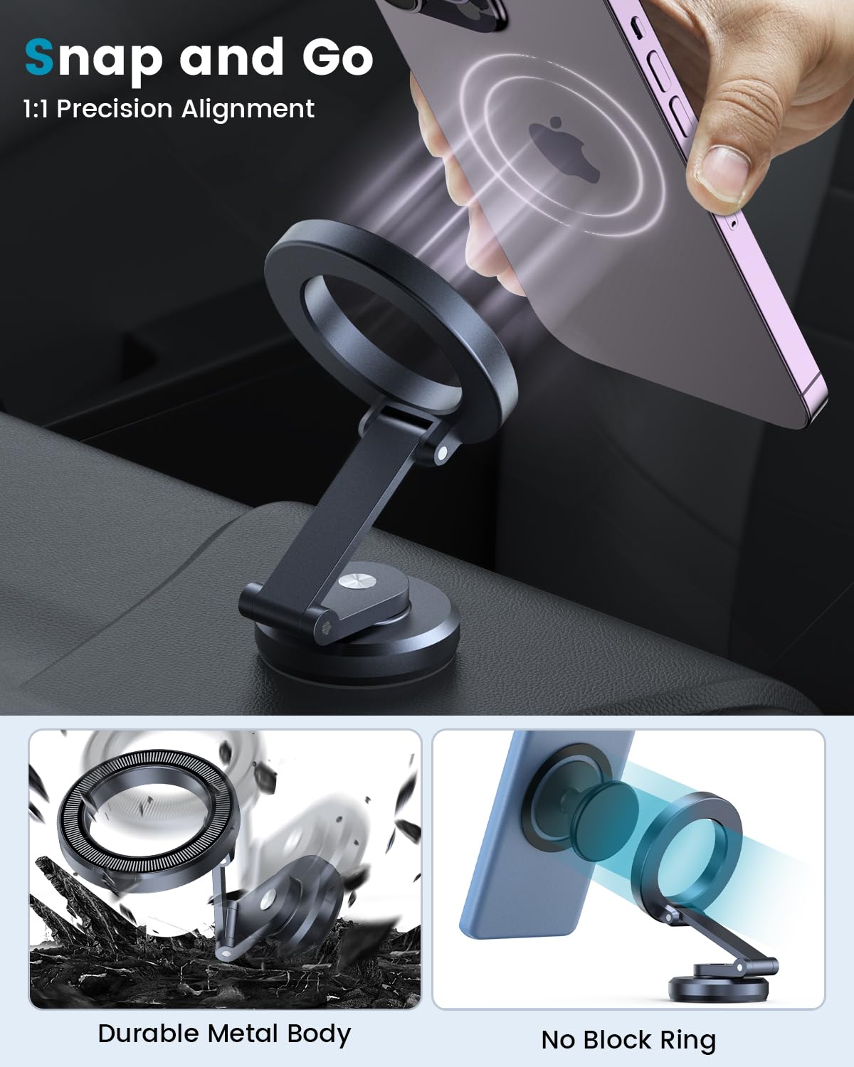 Apps2Car Foldable Metal Magnetic Car Phone Mount For Magsafe Iphone 16 15 14 13 12 Pro Max Plus Mini Magsafe Case, One-Hand Operation