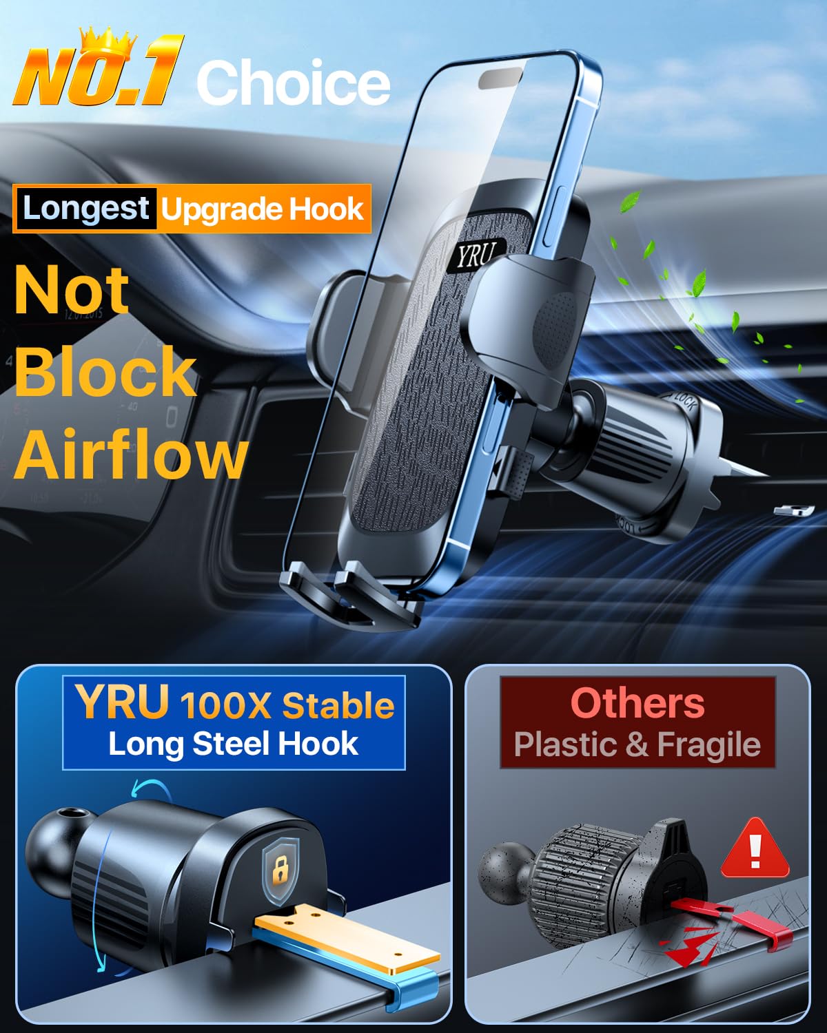 Yru ใTrue Military-GradeใCar Phone Holderใ Strongest & Rotatable Suction CupใCell Phone Mount For Dashboard Windshield, Truck Cradle Dash Stand For Iphone 16 Pro Max 15 14 13 12 Android, Black