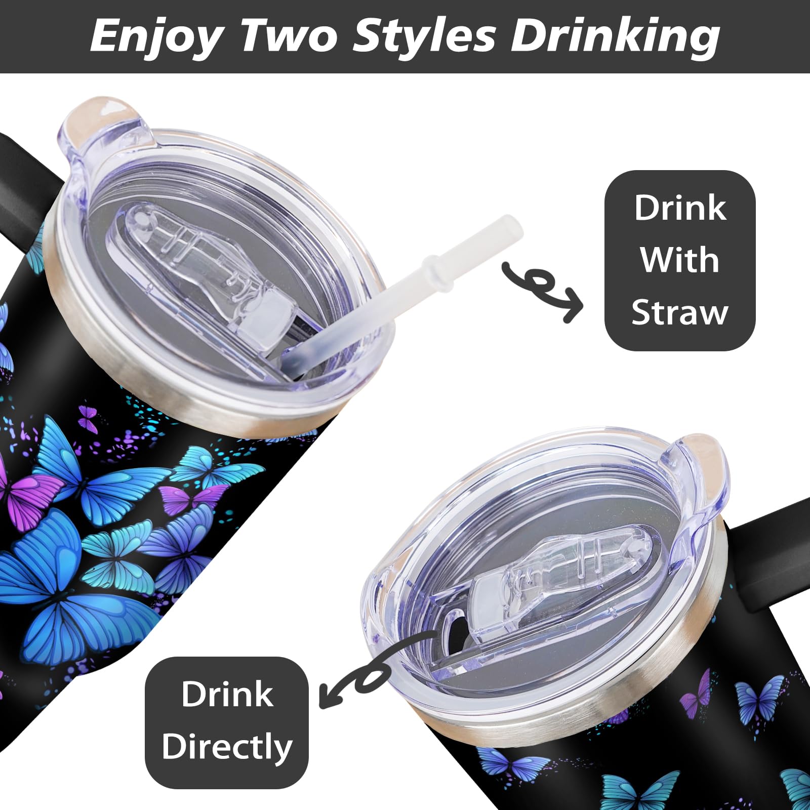Butterfly Tumbler With Lid, Straw And Handle - 40Oz Stainless Steel Travel Coffee Mug Water Bottle
