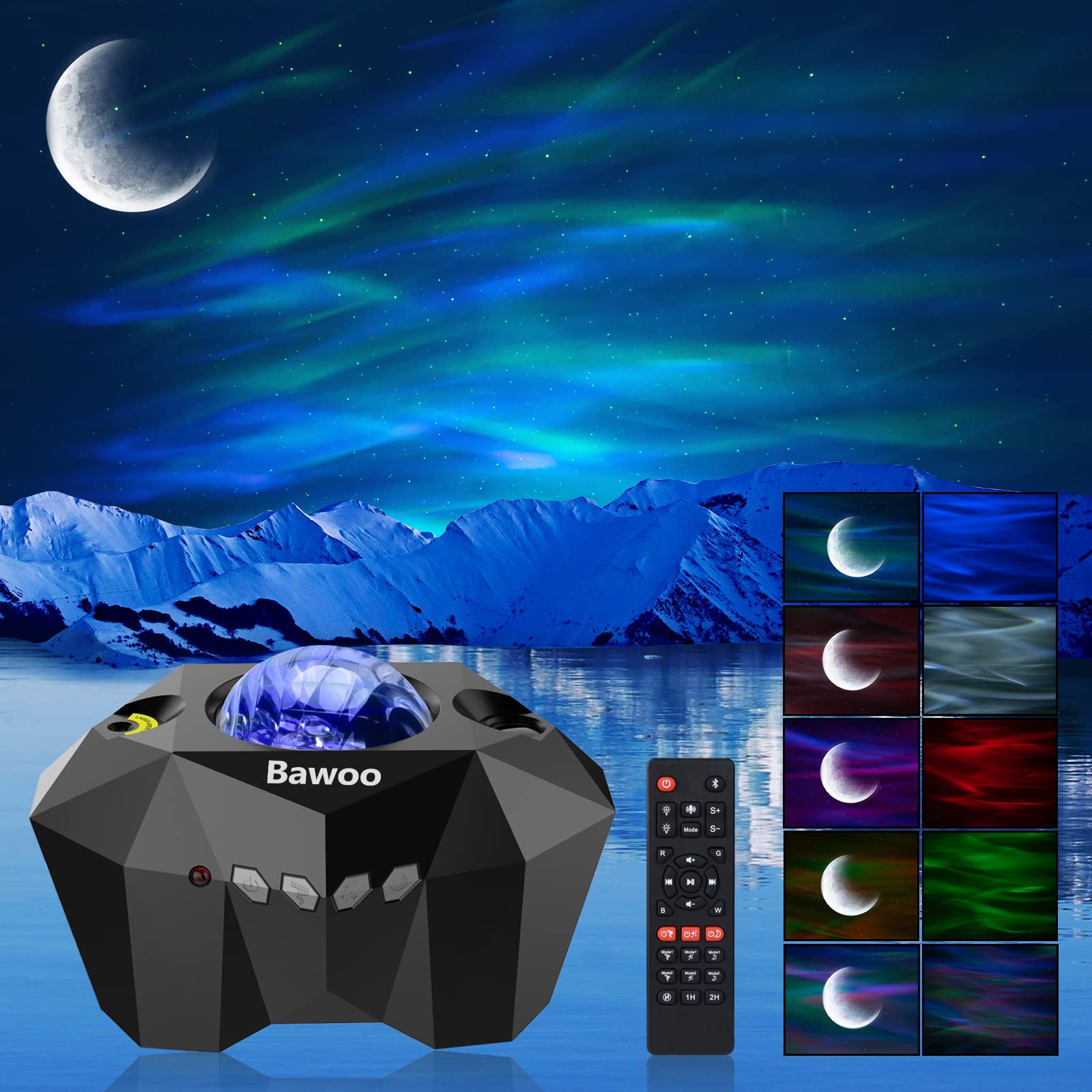 Bawoo Aurora Star Light Projector With Moon, Galaxy Lights Projector With Remote Control, Night Sky Light Projector Built-In Bluetooth And Multi-Color Projection Lamp