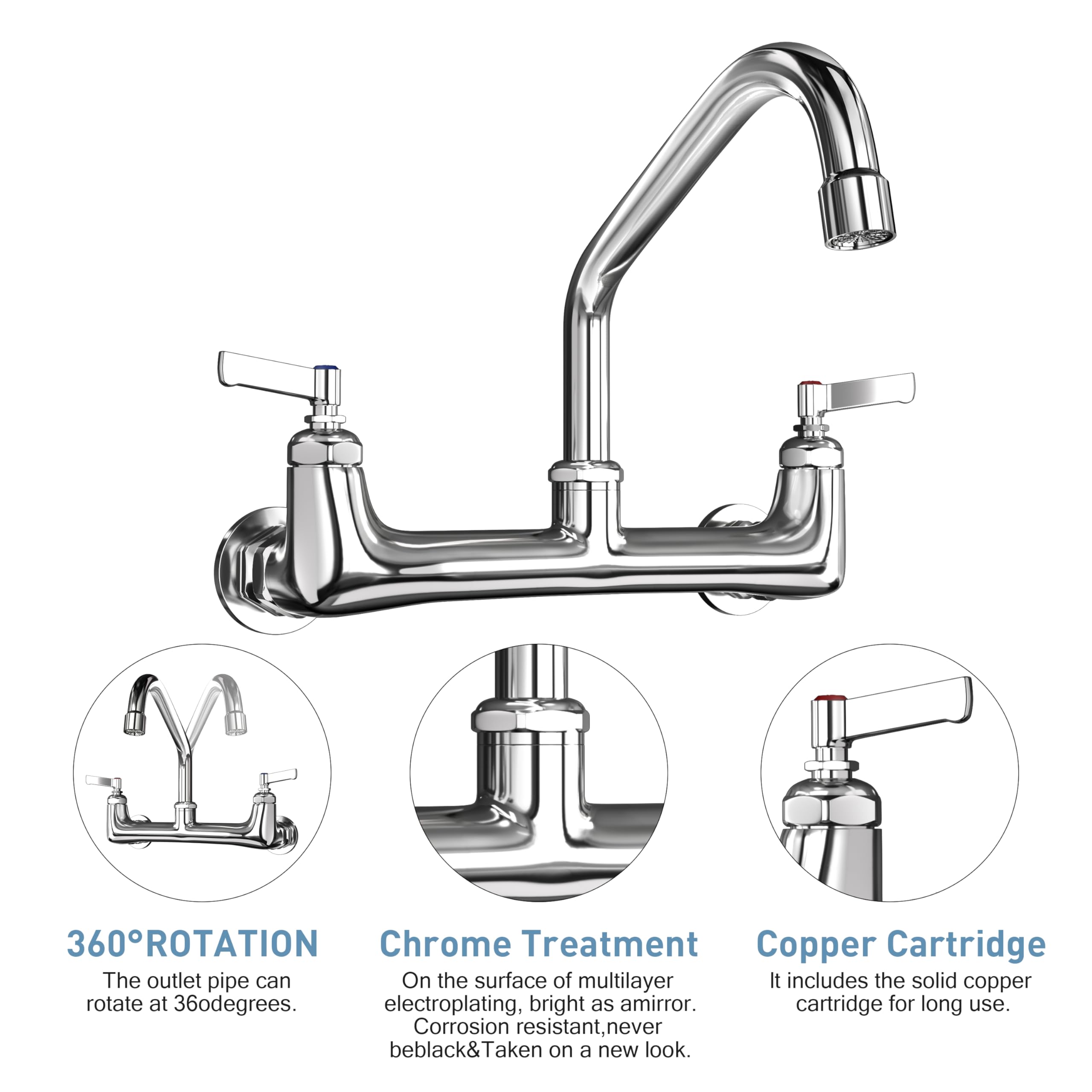 Cwm Wall Mount Kitchen Faucet 8" Center Commercial Faucets With 8 Inch Swivel Spout