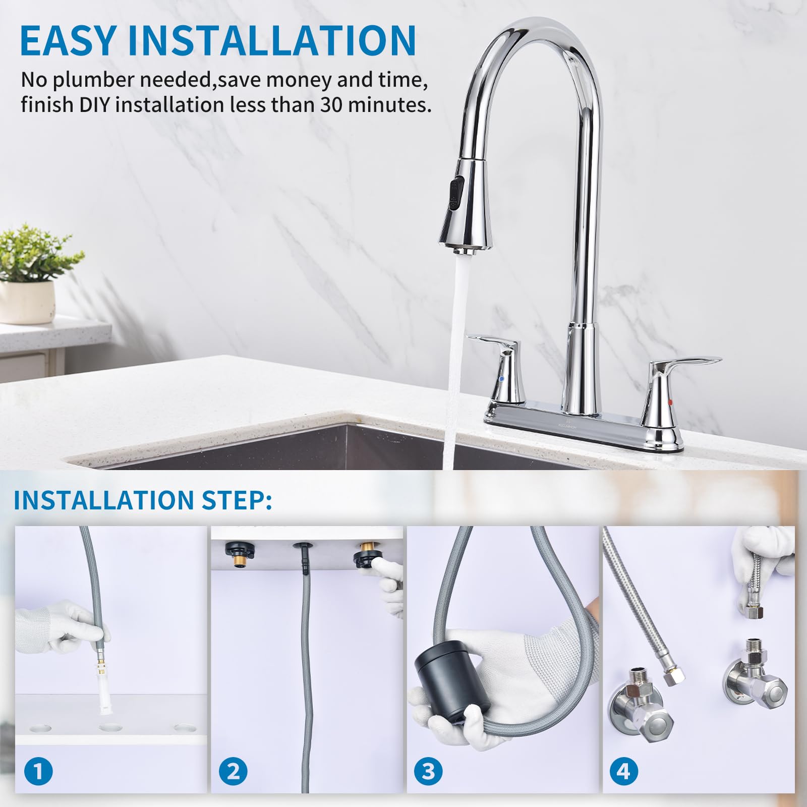 Homelody 2 Handles Kitchen Faucet With Pull Down Sprayer For 3 Hole Sink, 8 Inch 360° Rotating Spout Centerset Kitchen Sink Faucet With Water Lines Chrome