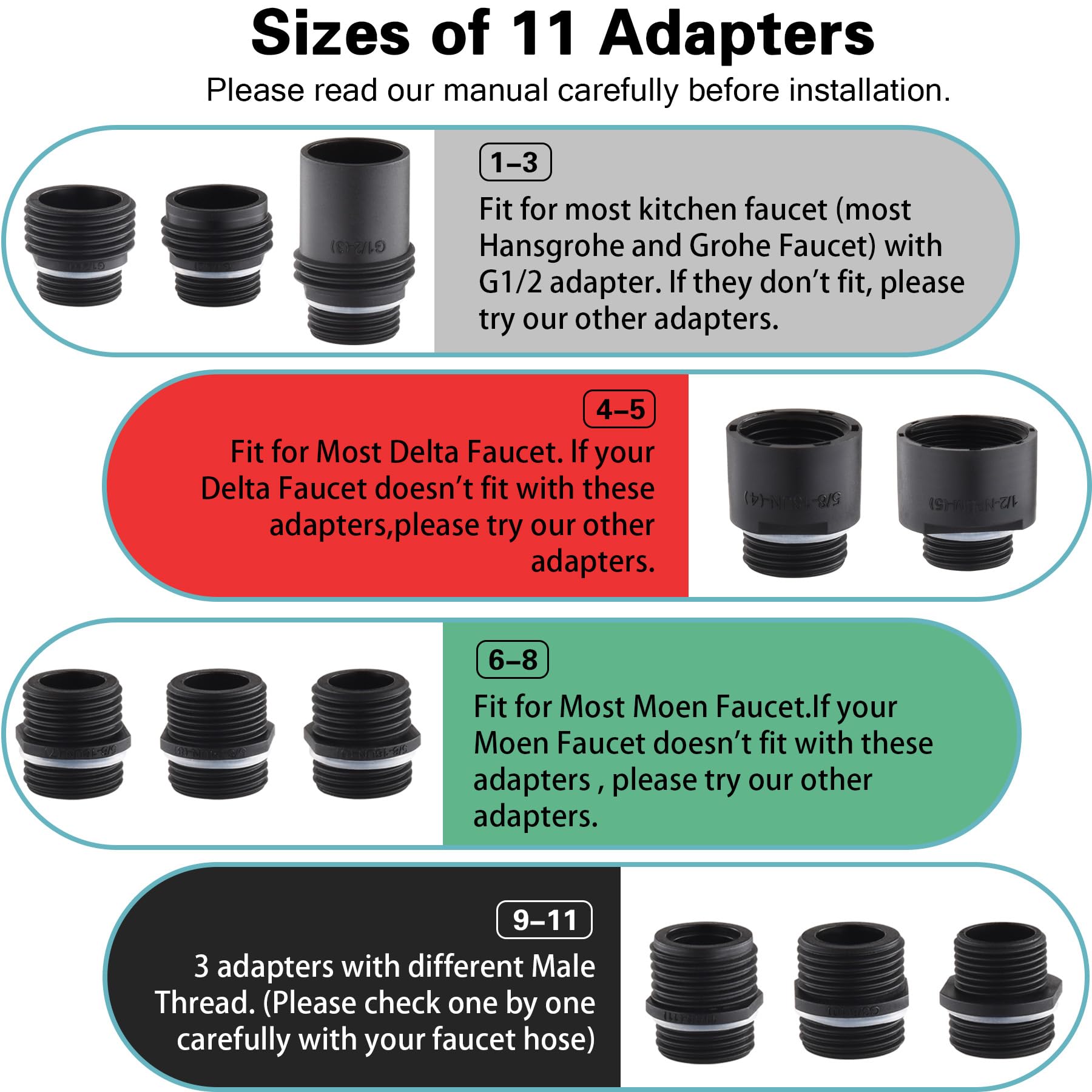 Hsmhose Kitchen Faucet Head Replacement 4 Modes, Pull Down Faucet Sprayer Head Nozzle Kitchen Sink Faucet Head With 11 Adapters(Black)