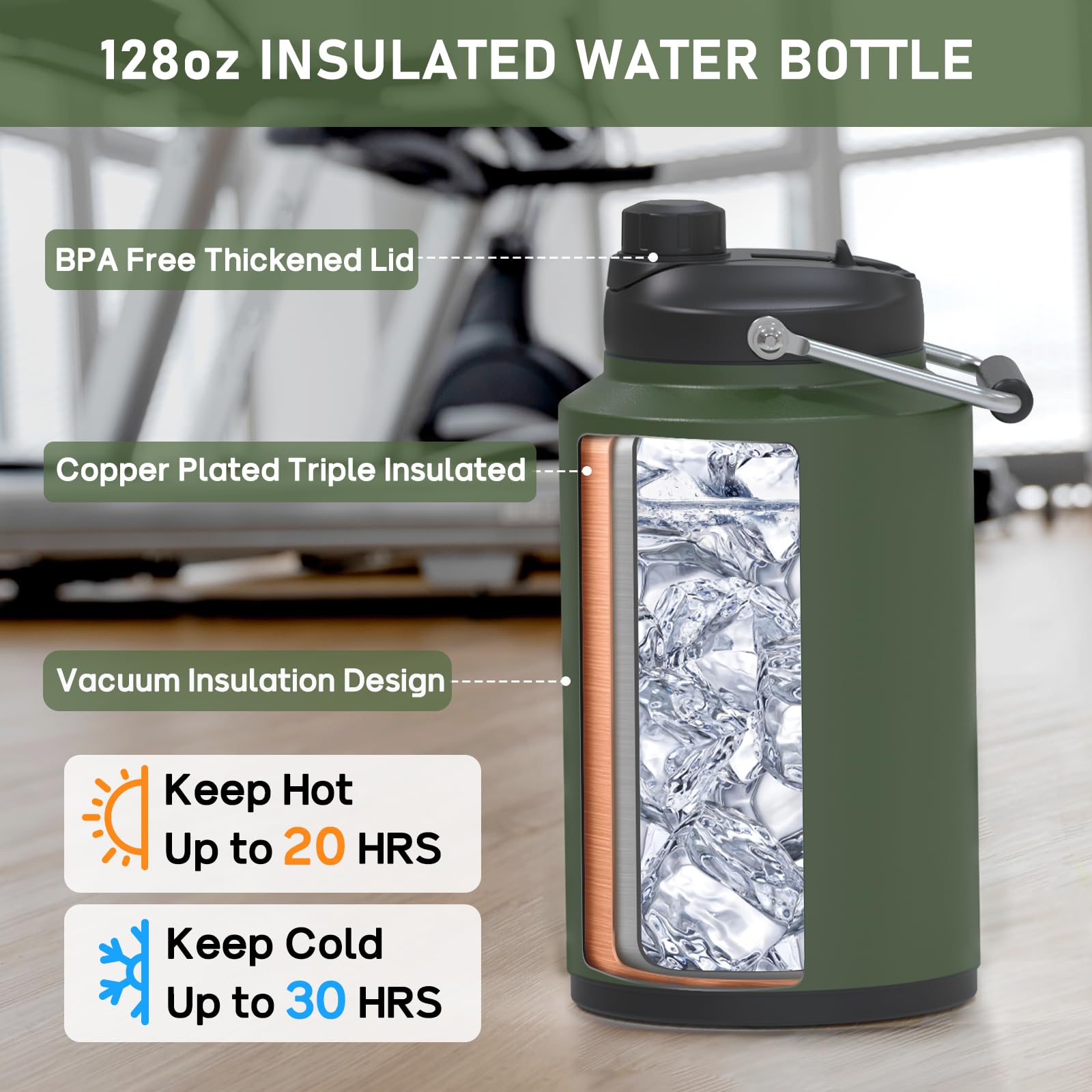 1 Gallon Water Jug Insulated, 2-In-1 Lid, Flip Straw And Spout, Vacuum Insulated Stainless Steel