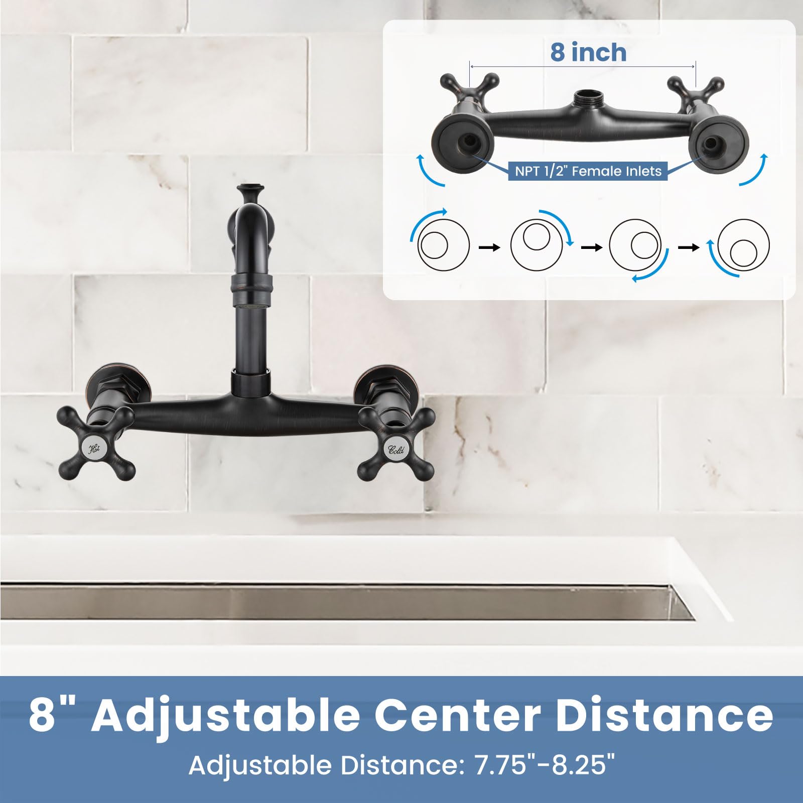 Airuida Wall Mounted 8 Inch Center Kitchen Sink Faucet Commercial Wall Mount Kitchen Tap Double Cross Handles 360 Rotatable Spout For Utility Laundry Restaurant Vintage Spout Oil Rubbed Bronze