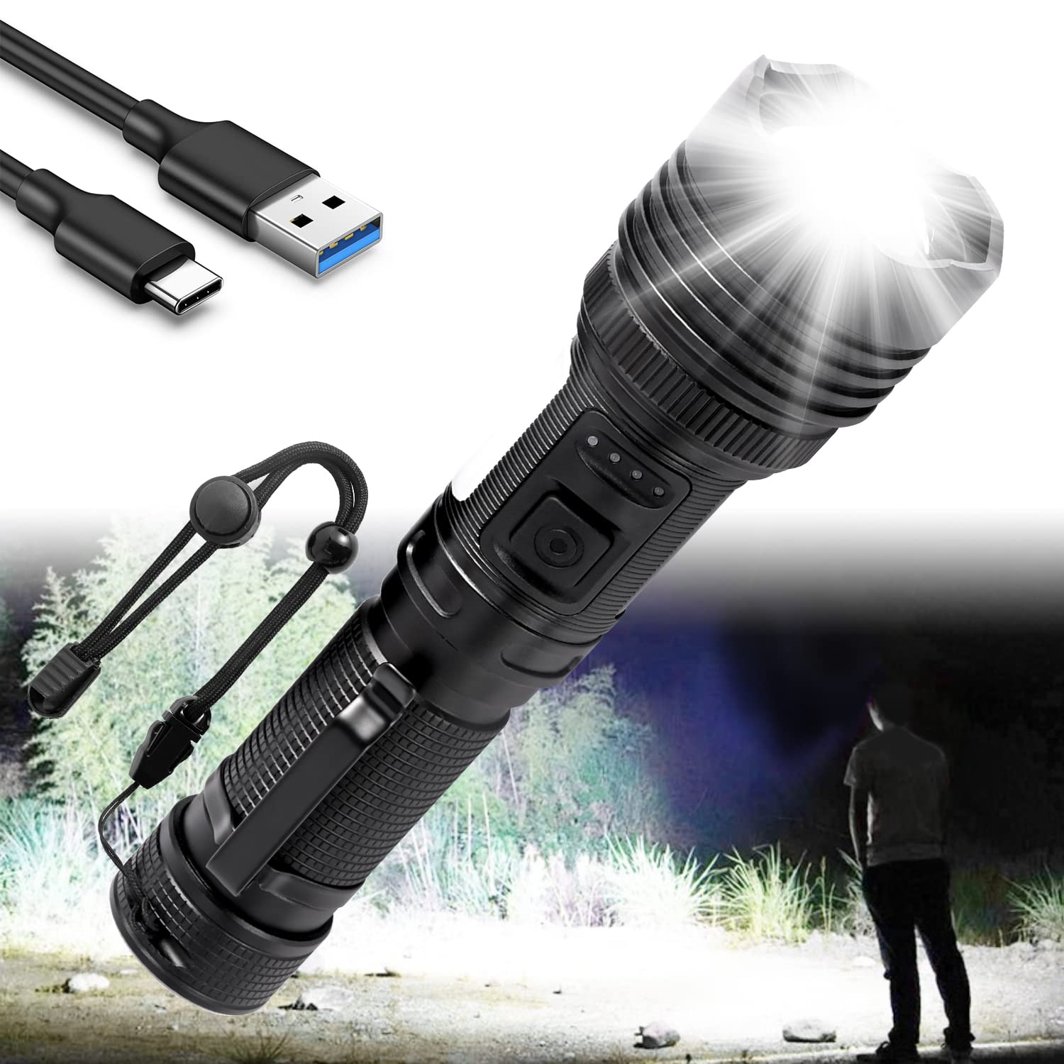 Abnaok Magnetic Rechargeable Led Flashlights, 90000 High Lumens Flashlight, 300W White Led Utility Flashlight With Cob Work Light, Zoomable, 7 Modes, Waterproof Flashlights For Emergencies, Camping