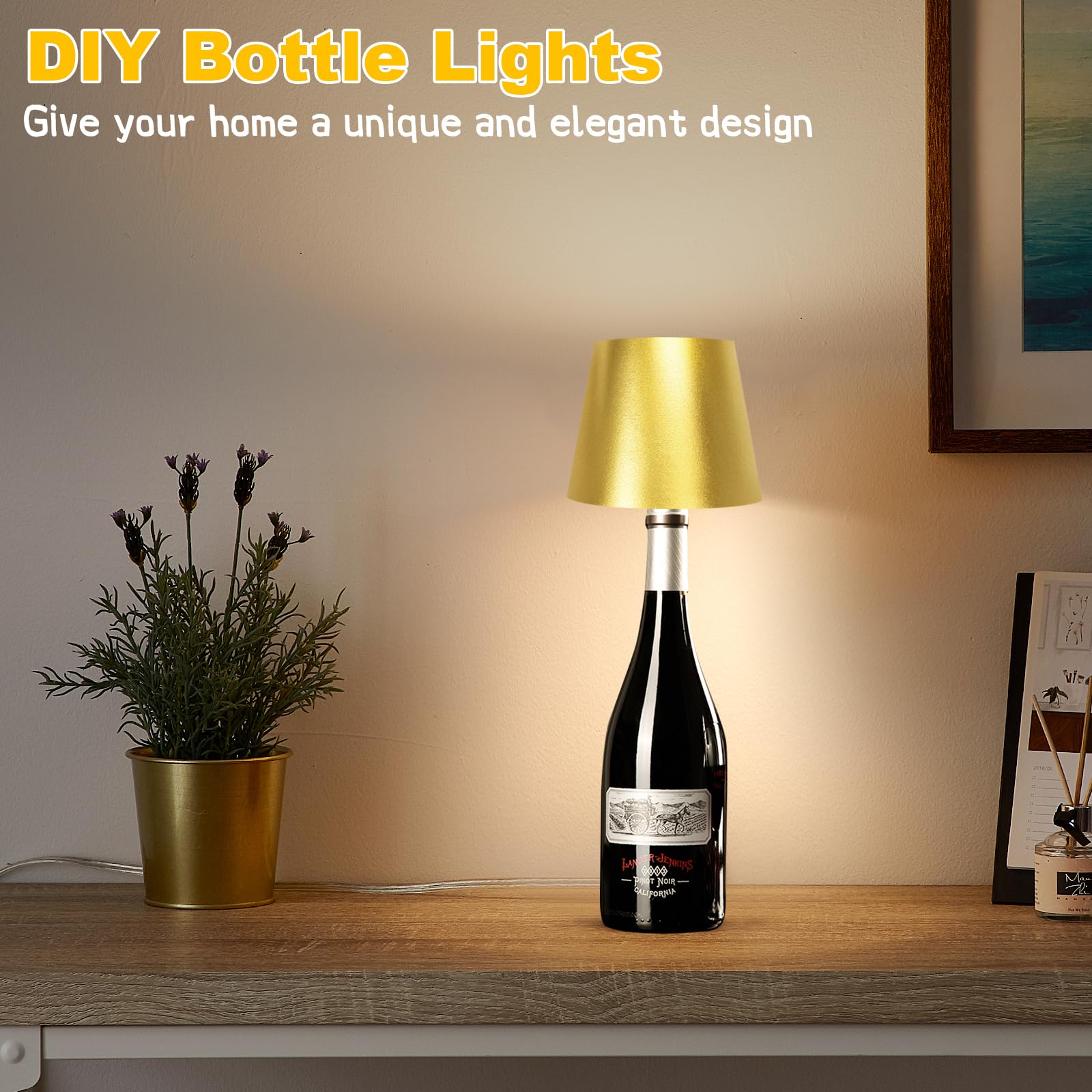 Puyttenpp Wireless Bottle Lamp,Wireless Bottle Lamp With 3 Modes Light Dimming, Touch Led Rechargeable Wine Bottle For Bars Restaurants Christmas Decoration (Gold)