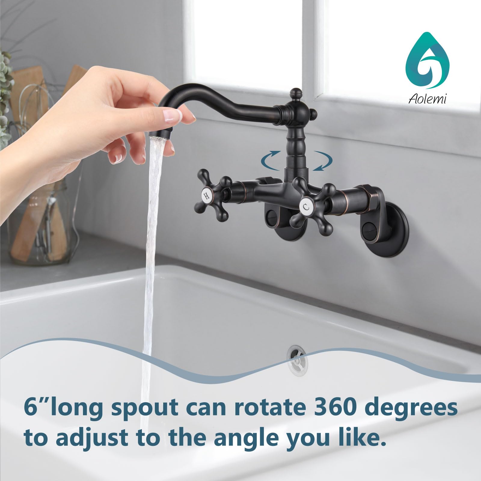 Aolemi Oil Rubbed Bronze Wall Mount Kitchen Faucet, 6 Inch Spout, Adjustable Center 3 To 9 Inch, 2 Hole Two Cross Handle Mixer Tap