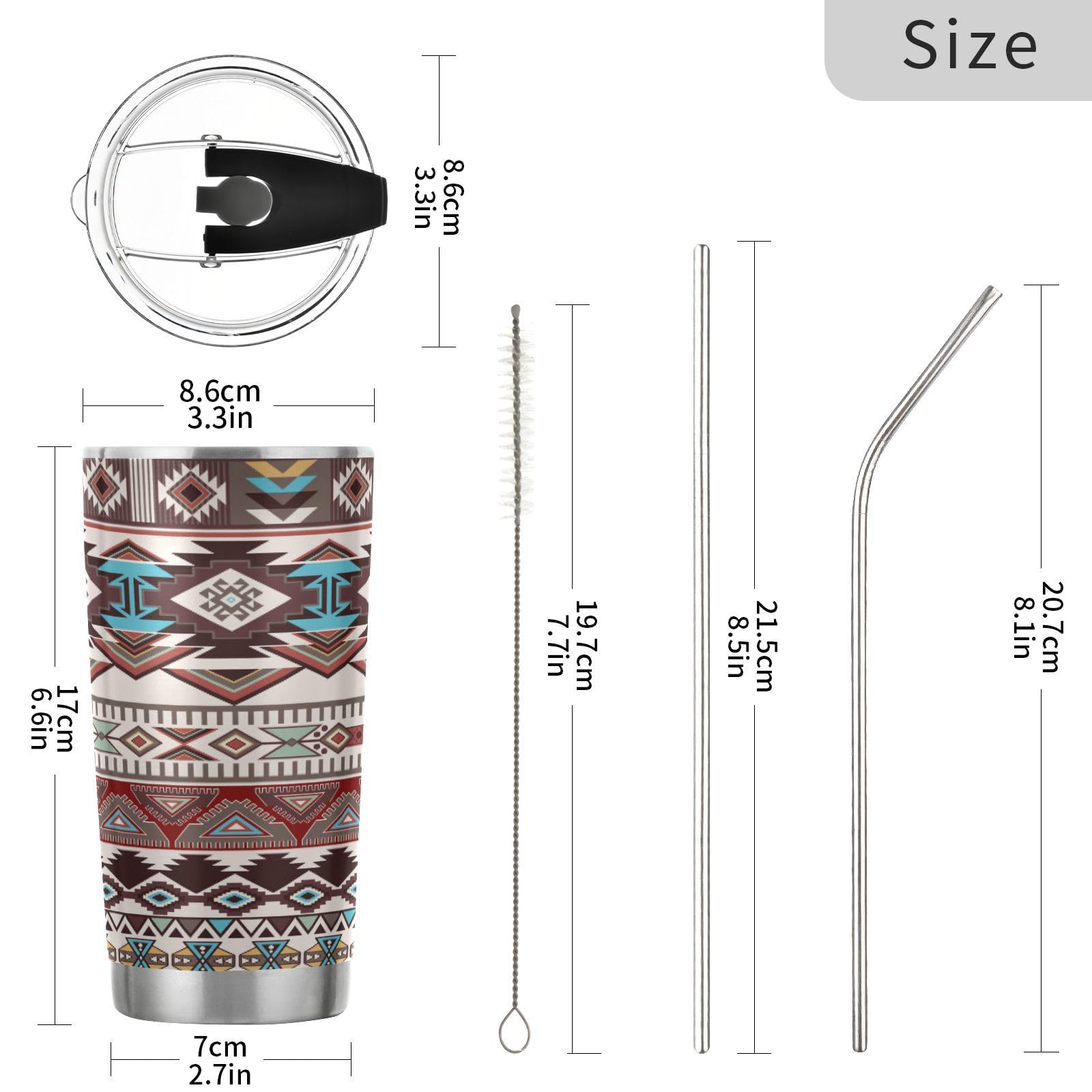Aztec Navajo Tumbler With Straw Lid, 20Oz Stainless Steel Tumbler Cup Double Wall Vacuum Insulated