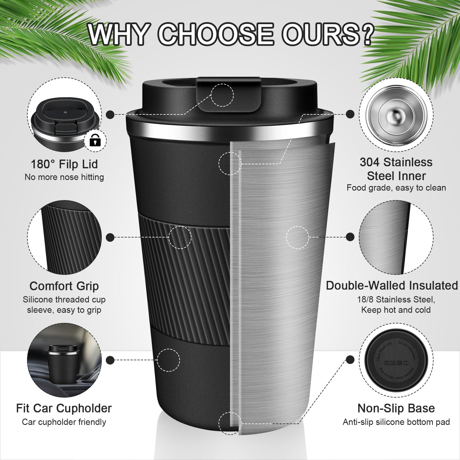 Insulated Coffee Mug 12Oz & 17Oz, Leakproof Coffee Cup With Lid, Thermal Coffee Tumbler Stainless