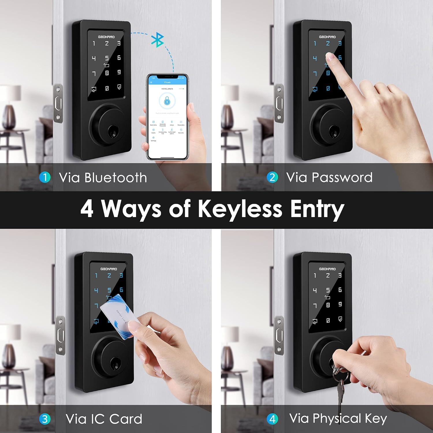 Geonfino Smart Door Lock Keyless Entry Door Lock With Handle, Black Fingerprint Lock, Smart Deadbolt For Home, Apartment
