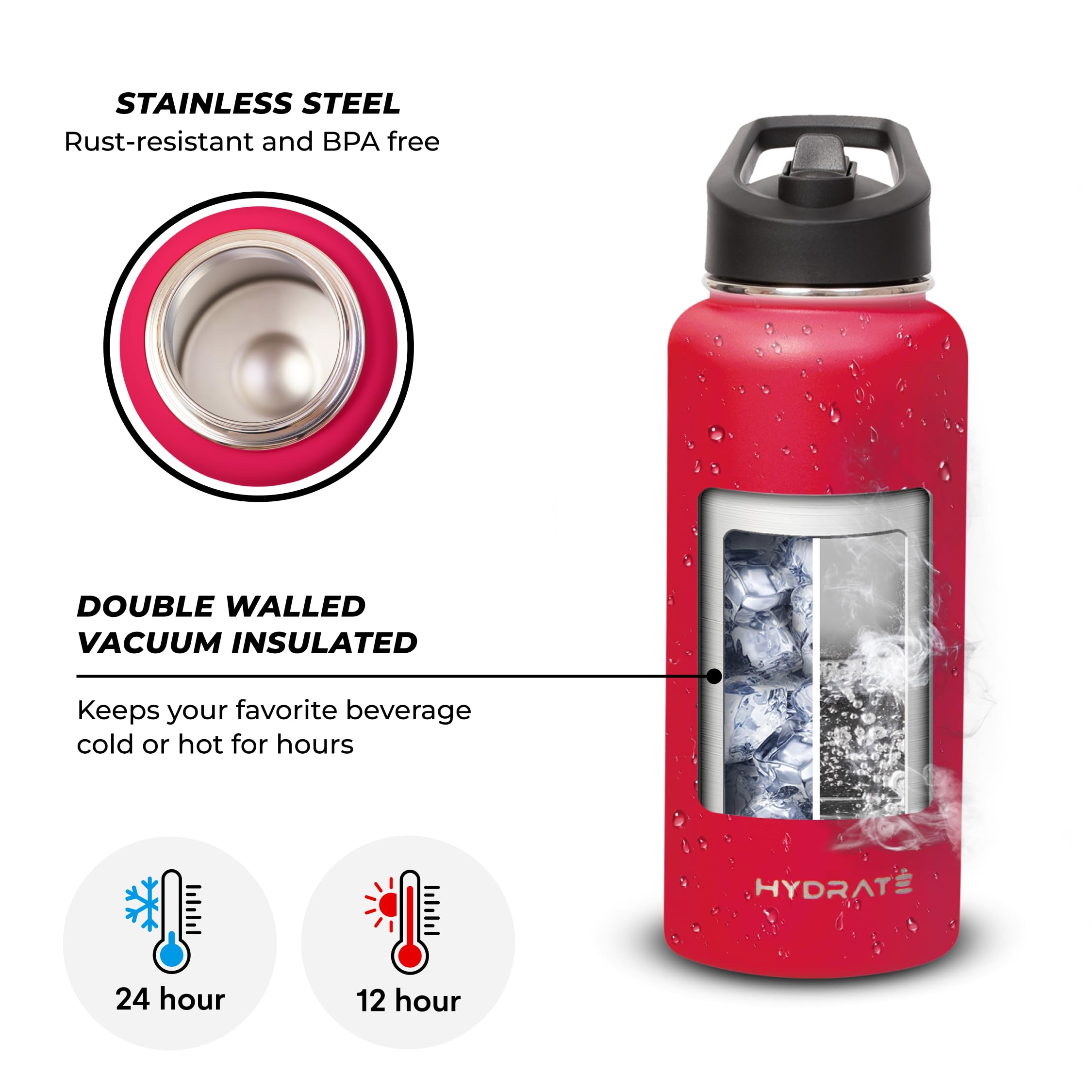 Hydrate 32 Oz Water Bottles Insulated For Hot And Cold Drinks - Leakproof, Flip Cap Metal Tumbler