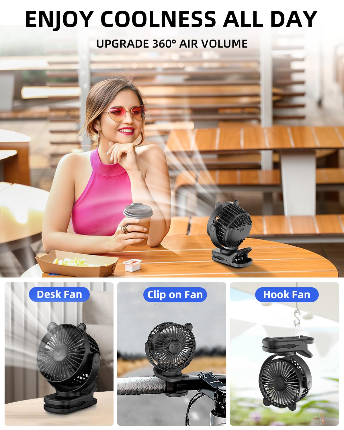Kidee Portable Clip On Fan, Small Desk Fan Battery Operated, 360° Rotation, Cute Design, 3 Speed