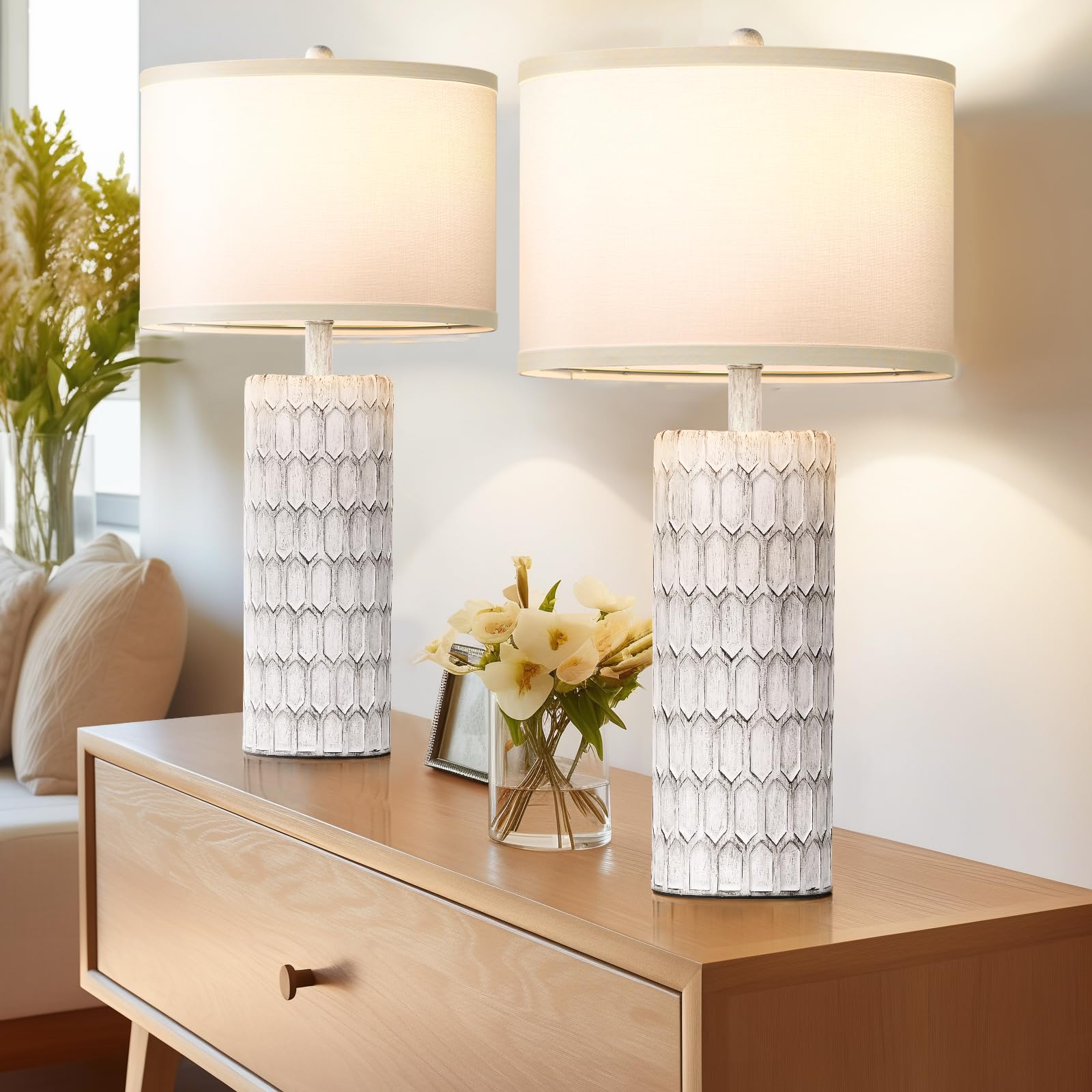 Spclsim 26" Farmhouse Table Lamps For Bedrooms Set Of 2, Traditional Tall End Table Lamps For Living Room,Rustic Bedside Nightstand Lamps With Grey-White Resin Body White Fabric Shade,Bulbs Included
