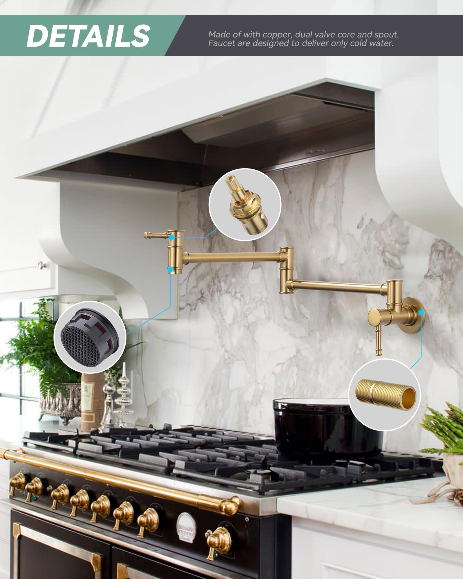 Aleasha Brushed Gold Pot Filler Faucet, Folding Kitchen Faucet Single Hole 2 Handle Wall Mount Over Stove