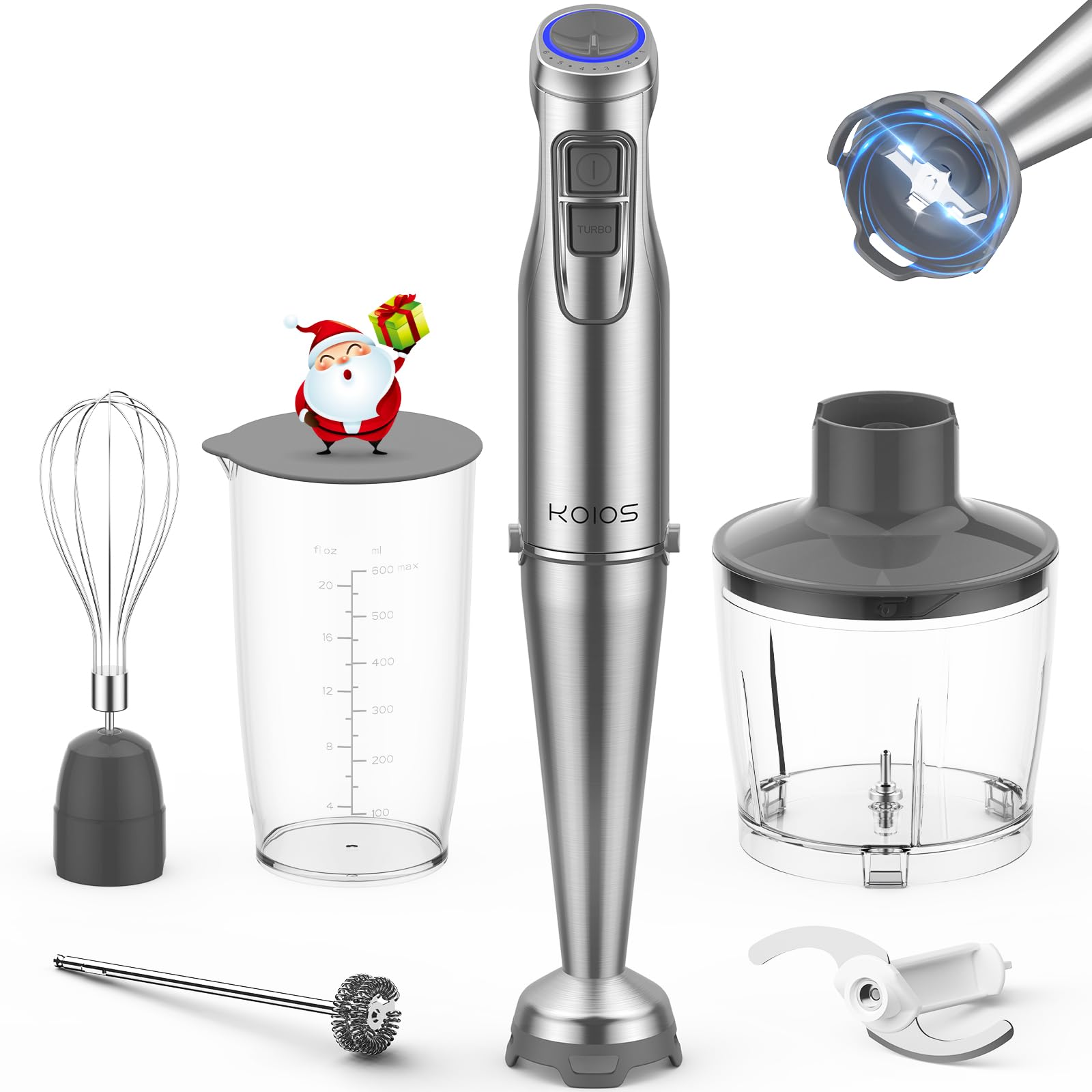 Koios 1100W Immersion Hand Blender, Stainless Steel Stick Blender With 12-Speed & Turbo Mode, 5-In-1 Handheld Blender With 600 Ml Mixing Beaker With Lid, 500 Ml Chopper, Whisk, Milk Frother, Bpa-