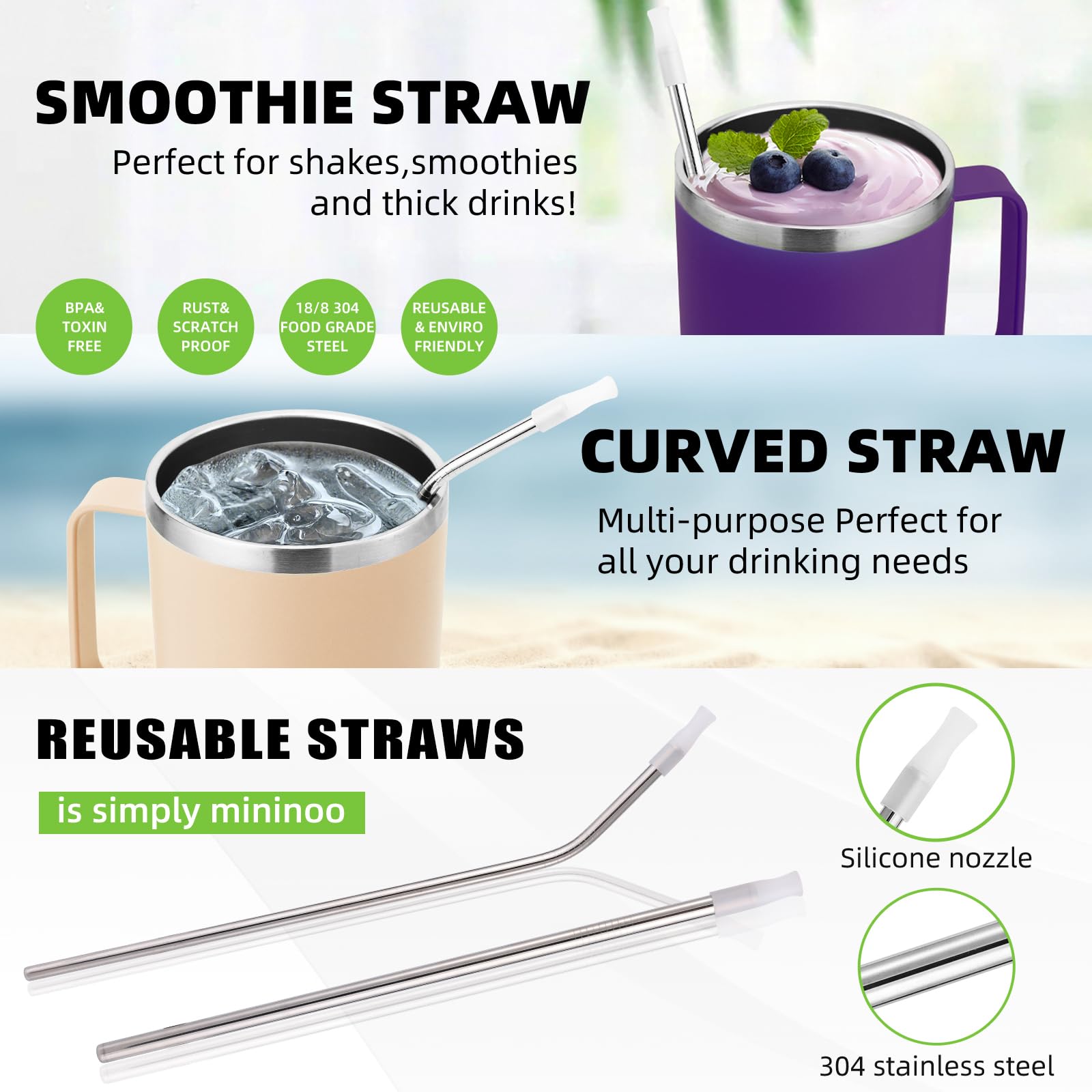 Mininoo 24 Oz Tumbler With Handle, Insulated Travel Coffee Mug With Lid And Straws, Stainless Steel