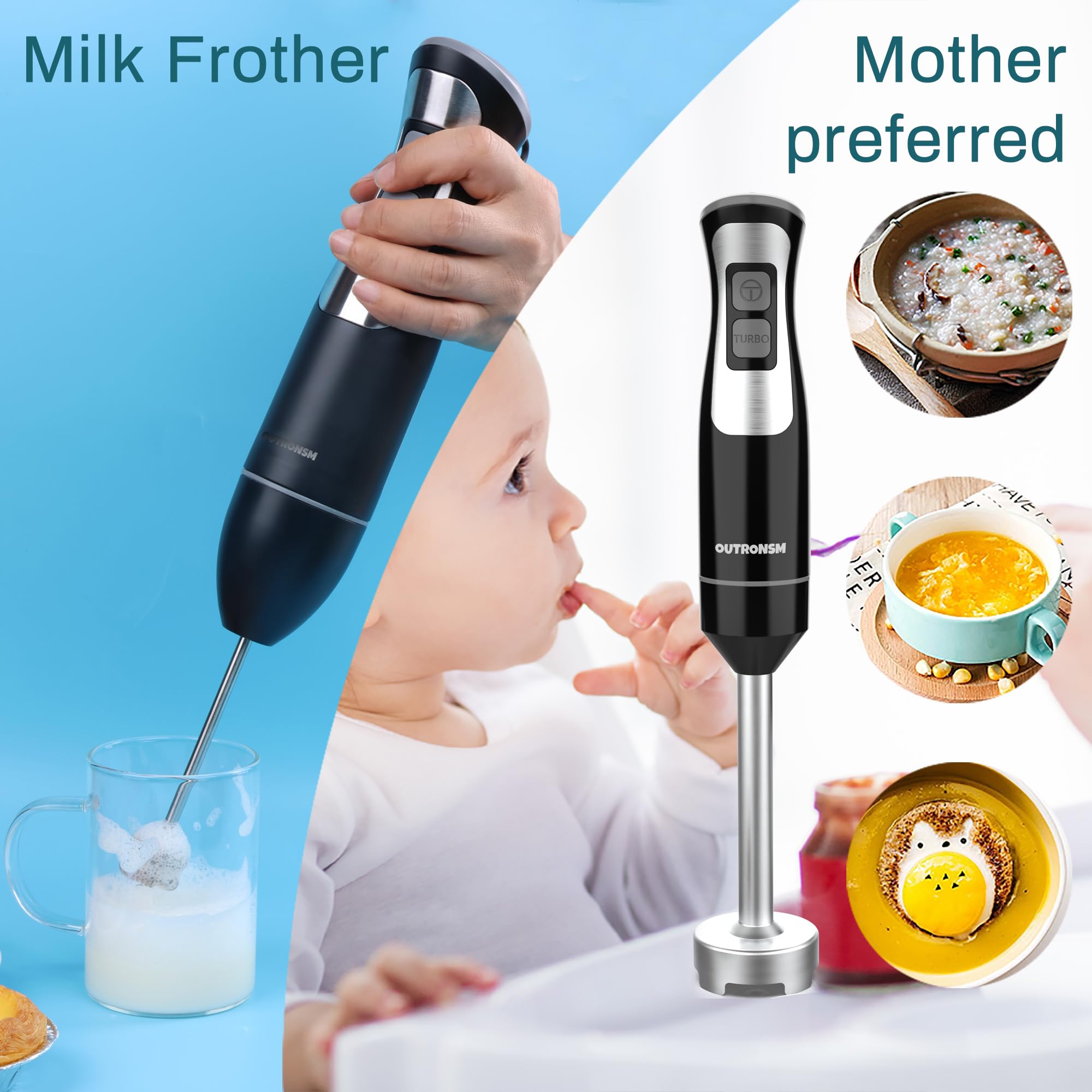 Outronsm Immersion Blender Handheld, Hand Blender With 500Ml Food Chopper, 600Ml Container, Milk Frother, Egg Whisk, Puree Infant Food, Smoothies, Sauces And Soups – Black