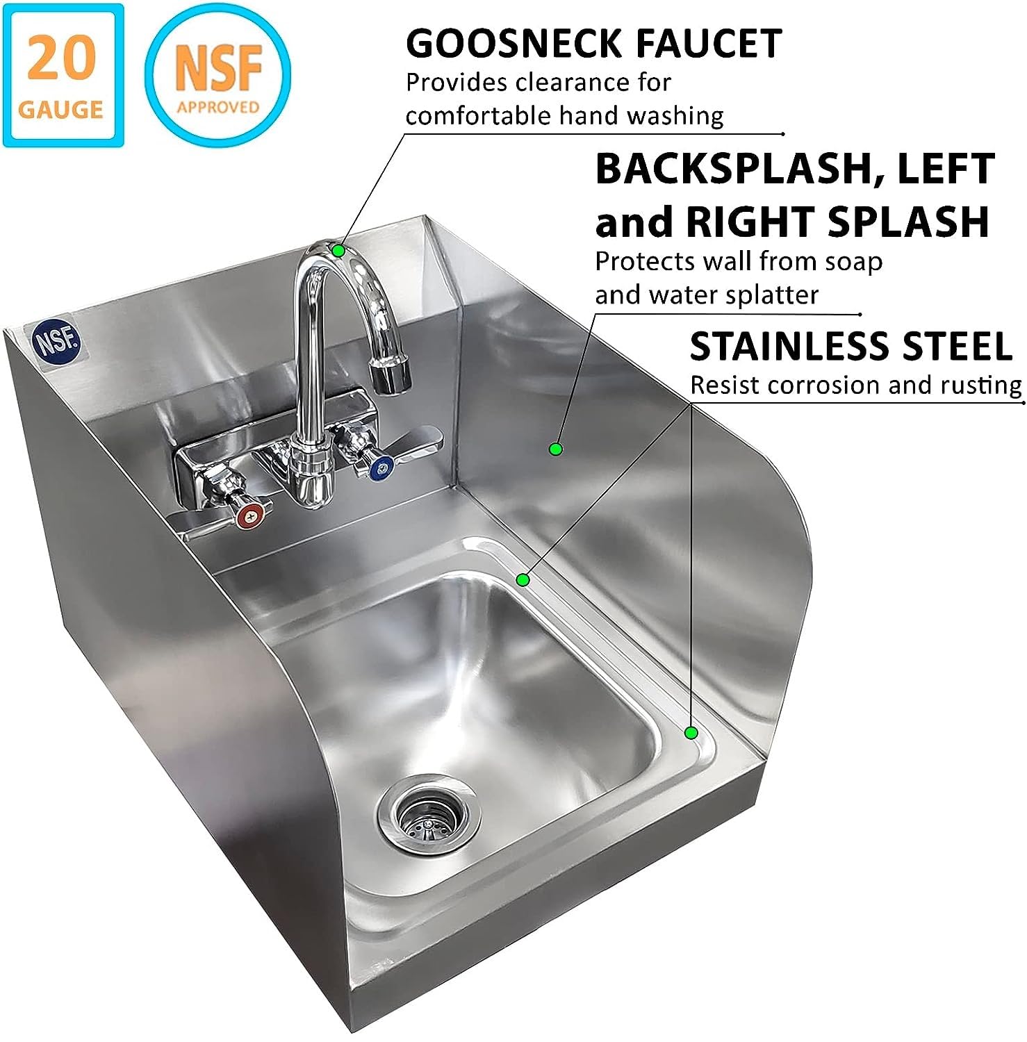 Express Kitchquip Stainless Steel Wall Mount Hand Basin With Gooseneck Faucet And Side Splash Guard. (16" X 12" Side Splash) Deep X Long