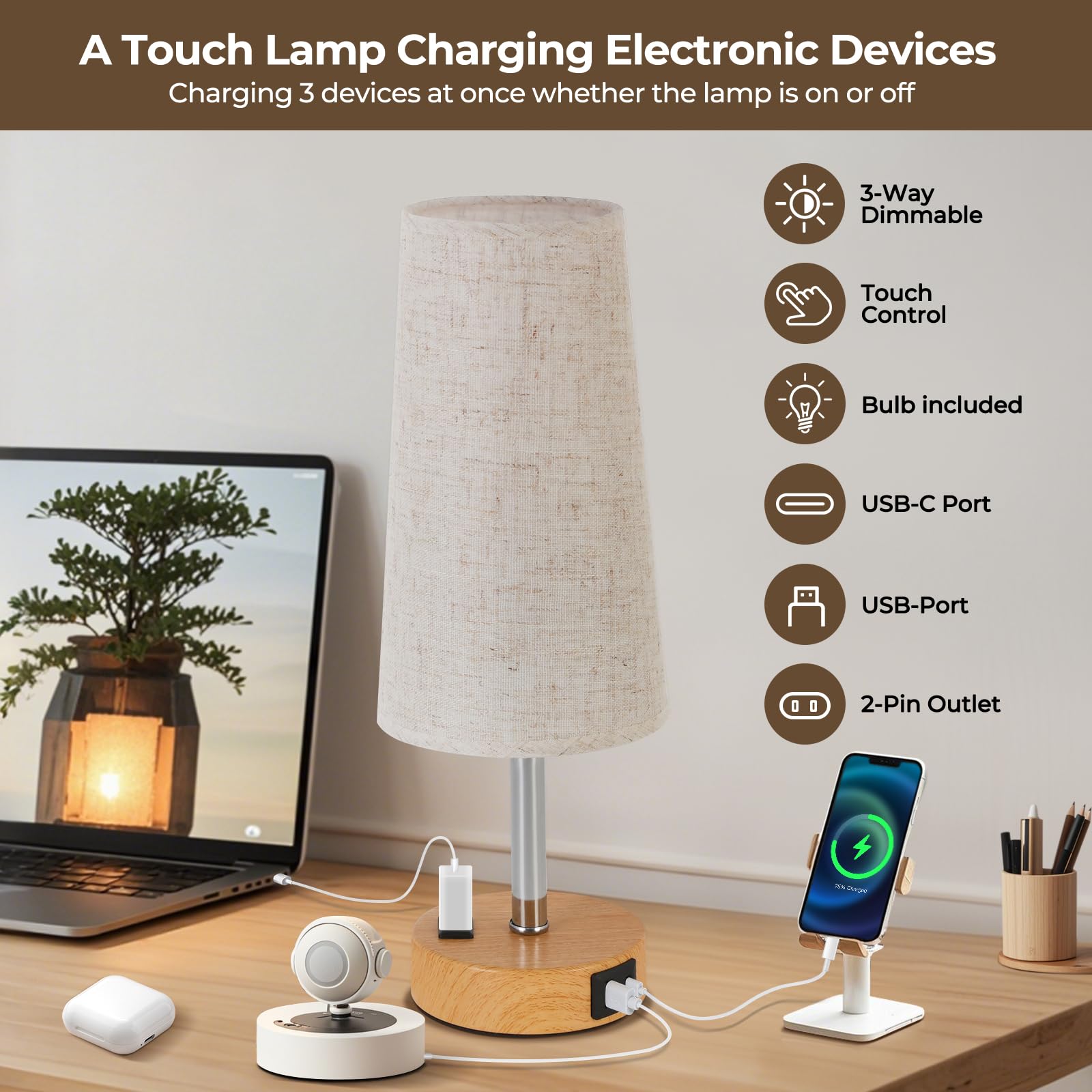 Eleutersun Touch Control Bedside Table Lamp For Bedroom, 3 Way Dimmable With Usb C Charging Ports And Ac Outlet, Small Nightstand Lamp For Living Room Office Dorm Home Office (Led Bulb Included)