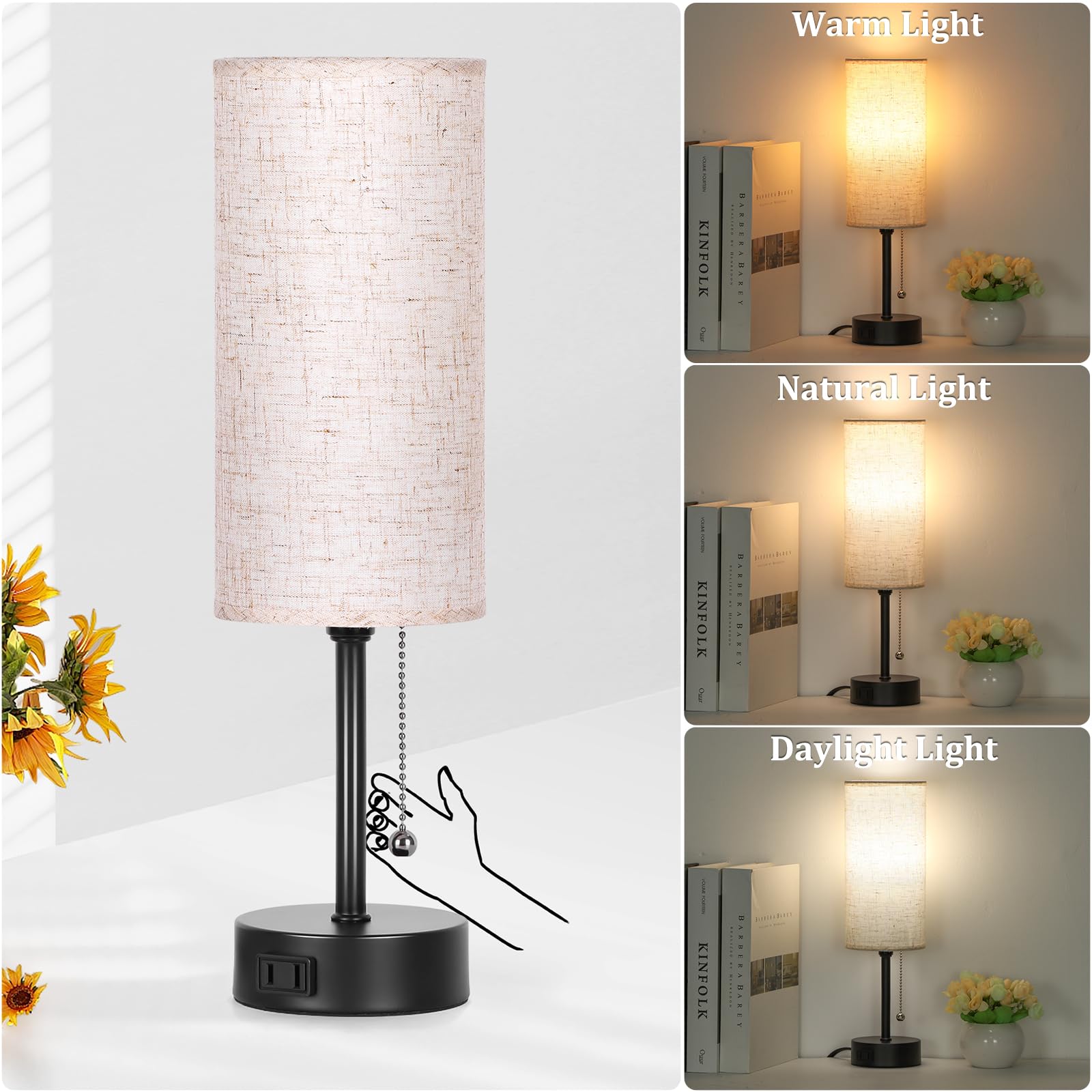 Dott Arts 15" Table Lamp For Bedroom, 3-Color Bedside Lamps With Pull Chain, Bedroom Table Lamps For Nightstand,Ac Outlet Small Lamp For Living Room, Bulb Included
