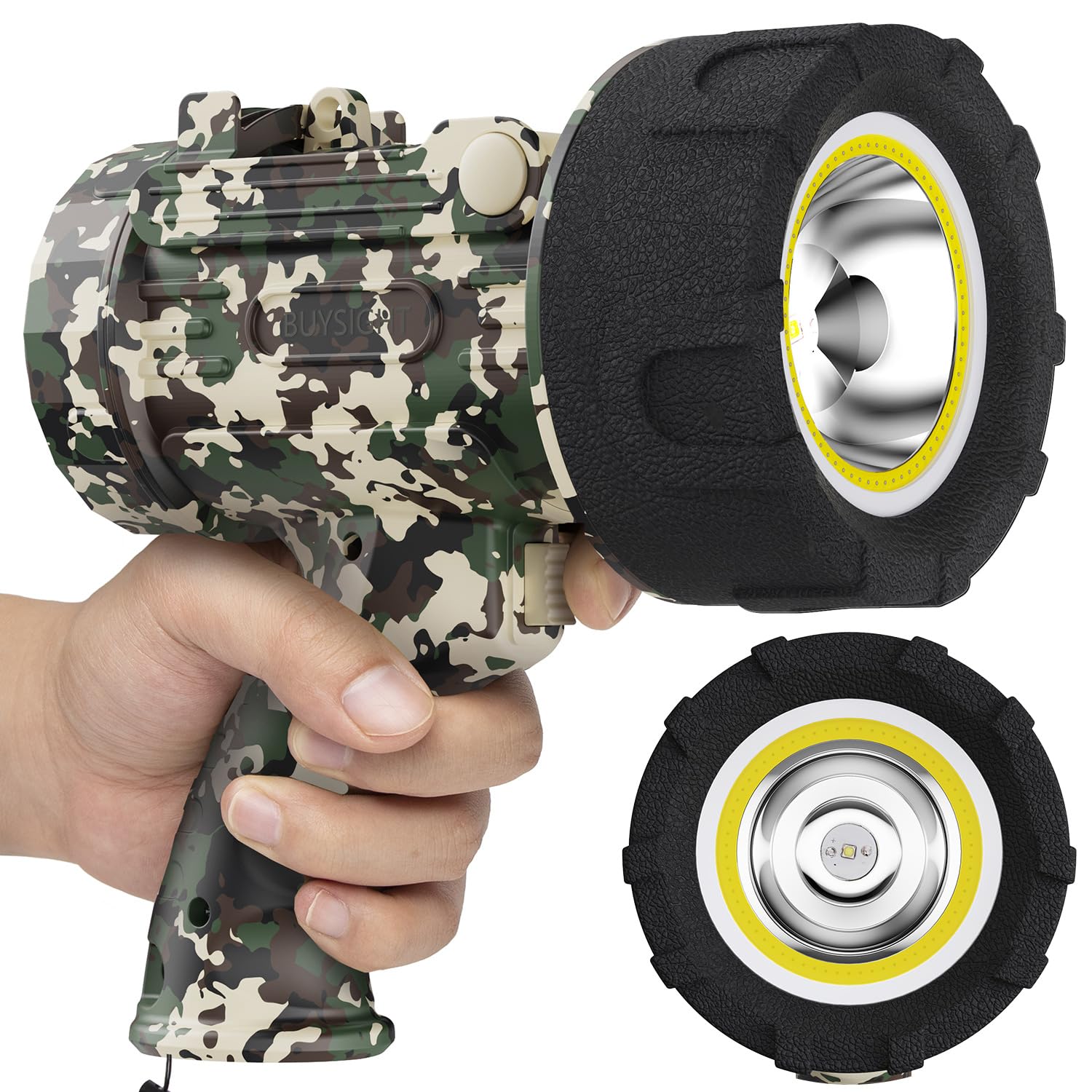 Buysight Rechargeable Spotlight Flashlight,1200 Lumens Hand Held Spotlight Waterproof Flashlight Hunting Floodlight With Red Lens(Camouflage Green-Cob)