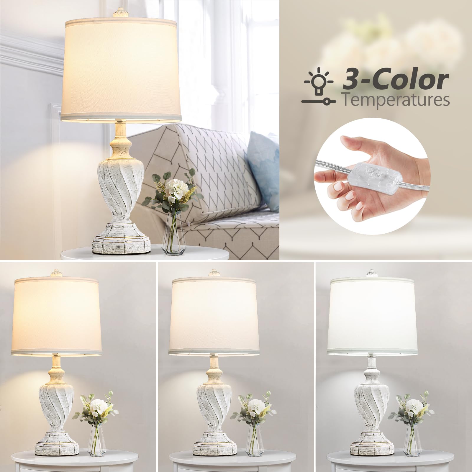 Spclsim 22.4" Farmhouse Table Lamps For Bedrooms Set Of 2, Rustic Resin End Table Lamps For Living Room Gold Trim Base, Bedside Nightstand Lamps, Bulbs Included