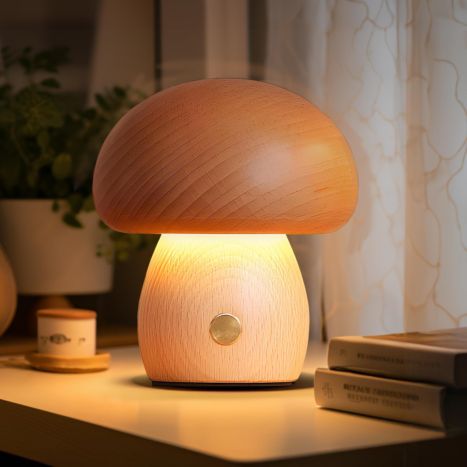 Yieonshion Led Creative Wooden Mushroom Lamp Desk Lamp, Creative Home Decoration Bedroom Bedside Night Light Dimmable, Unique And Minimalist For Girls