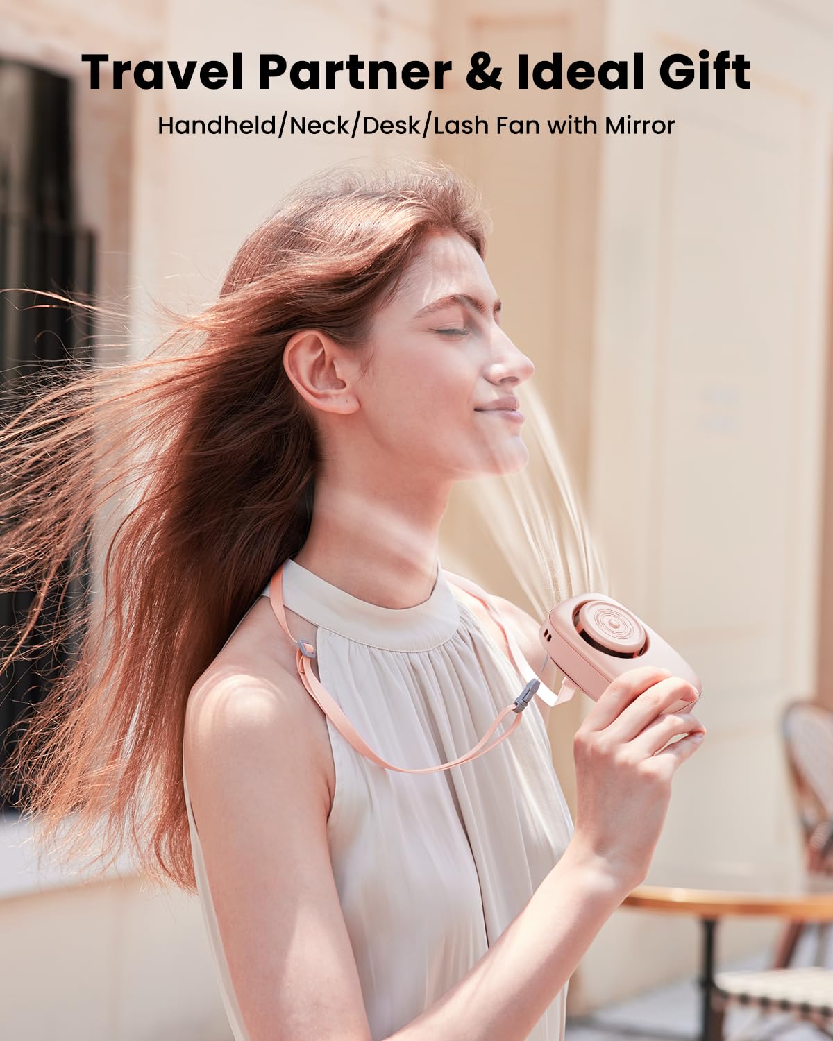 Gaiatop Mini Neck Fan, Rechargeable Led Power Display 3 Speed 360°Rotate Lash Makeup Mirror Cute