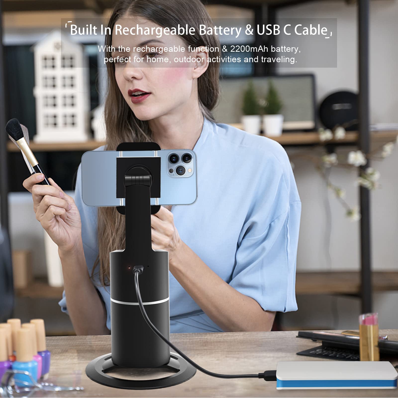 Airivo Auto Face Tracking Tripod, 360°Rotation Camera Phone Holder Auto Fast Following, Rechargeable Phone Stand For Live Video Youtube Tik Tok, Universal Stand Black(No App)