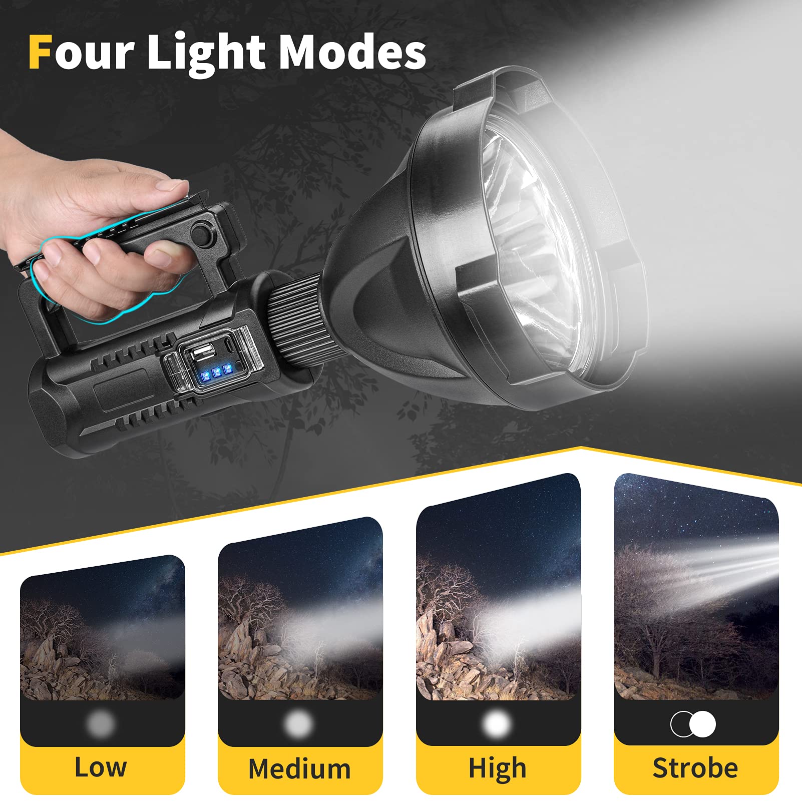 Yongkist Super Bright Rechargeable Led Spotlight,Handheld Tactical Flashlight 4 Modes High Power Portable Waterproof Searchlight For Outdoor Tripod, Adpater And Usb Cable Included